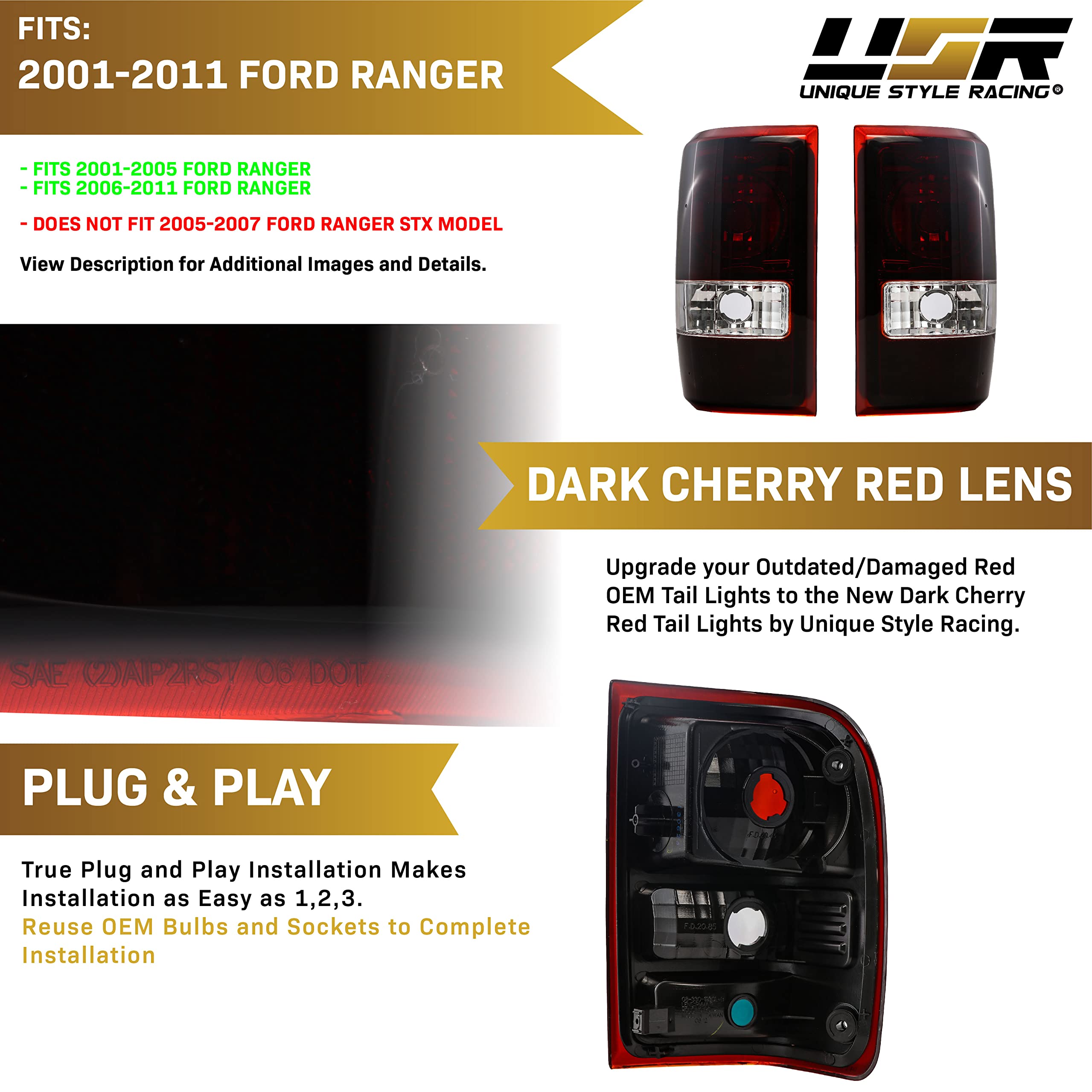 USR DEPO 01-11 Ranger Dark Cherry Red Clear Rear Tail Lights (Left + Right) Compatible with 2001-2011 Ford Ranger (Dark Cherry R