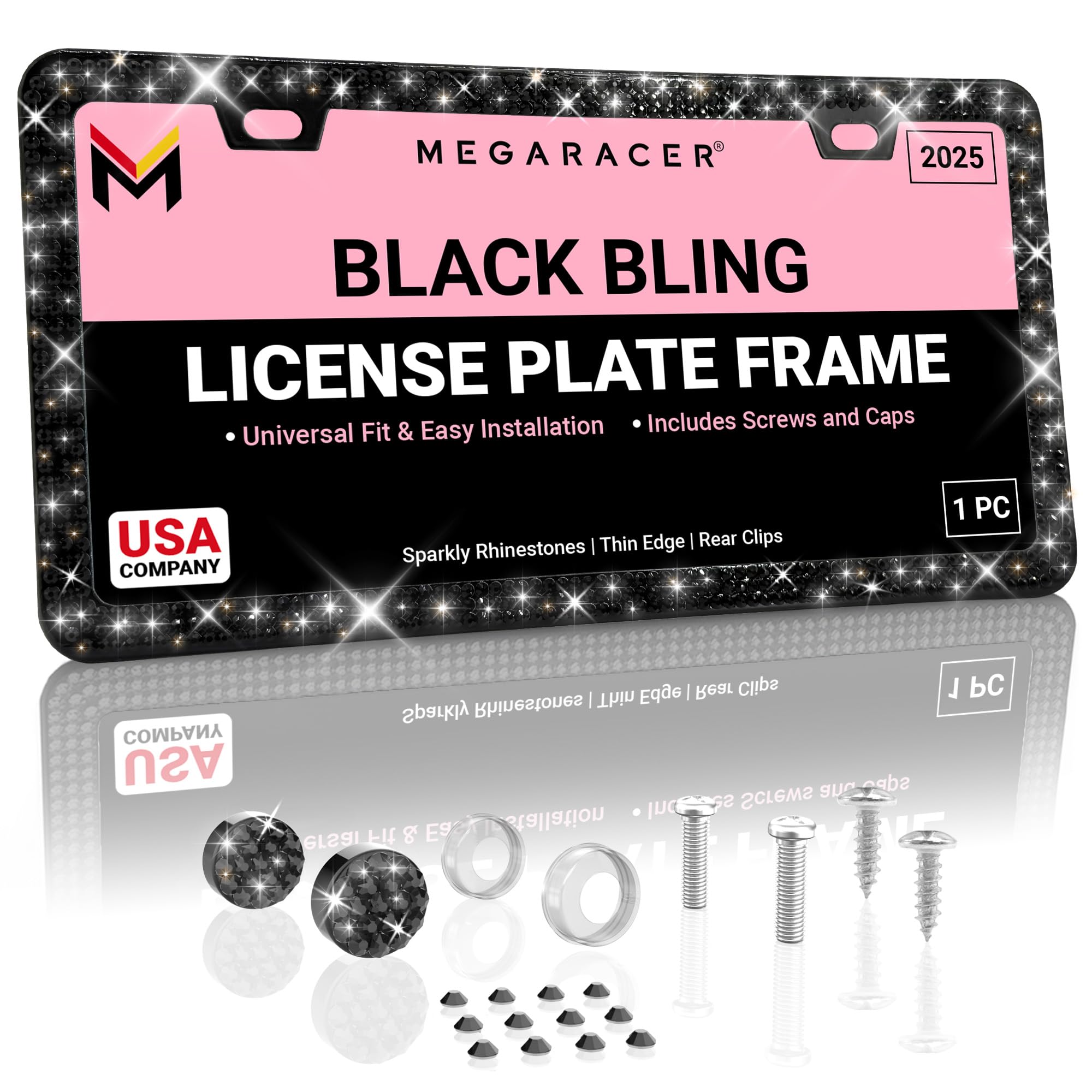 Mega Racer Black Bling License Plate Frame 1 Pack - 650 Pieces Premium Crystal Diamond Rhinestones, 2 Holes Stainless Steel Weat