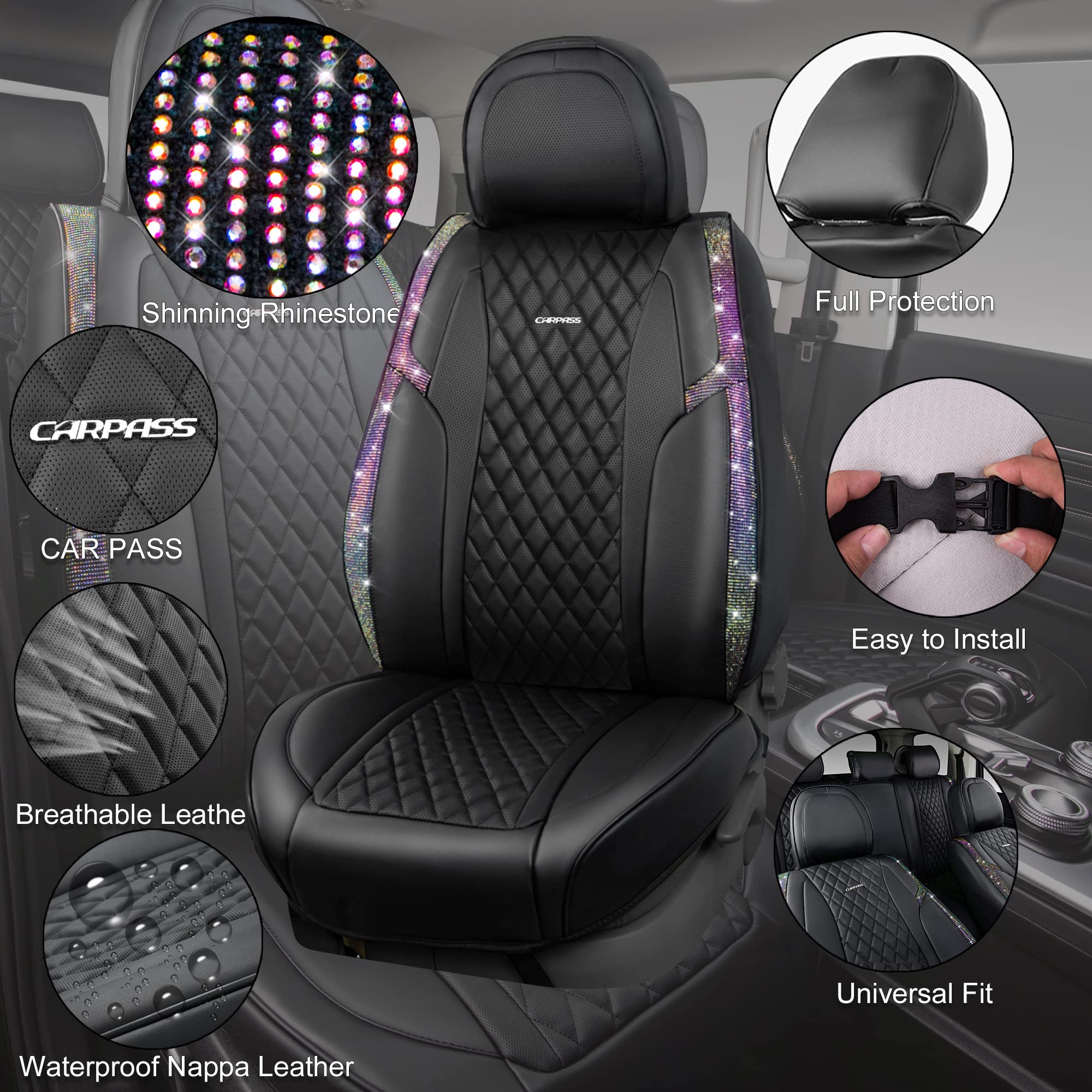 Car Pass Iridescent Diamond &Nappa Calfskin Leather Cushioned,Bling Seat Covers,Waterproof Heavy-Duty Anti-Slip,Universal Fit Fo