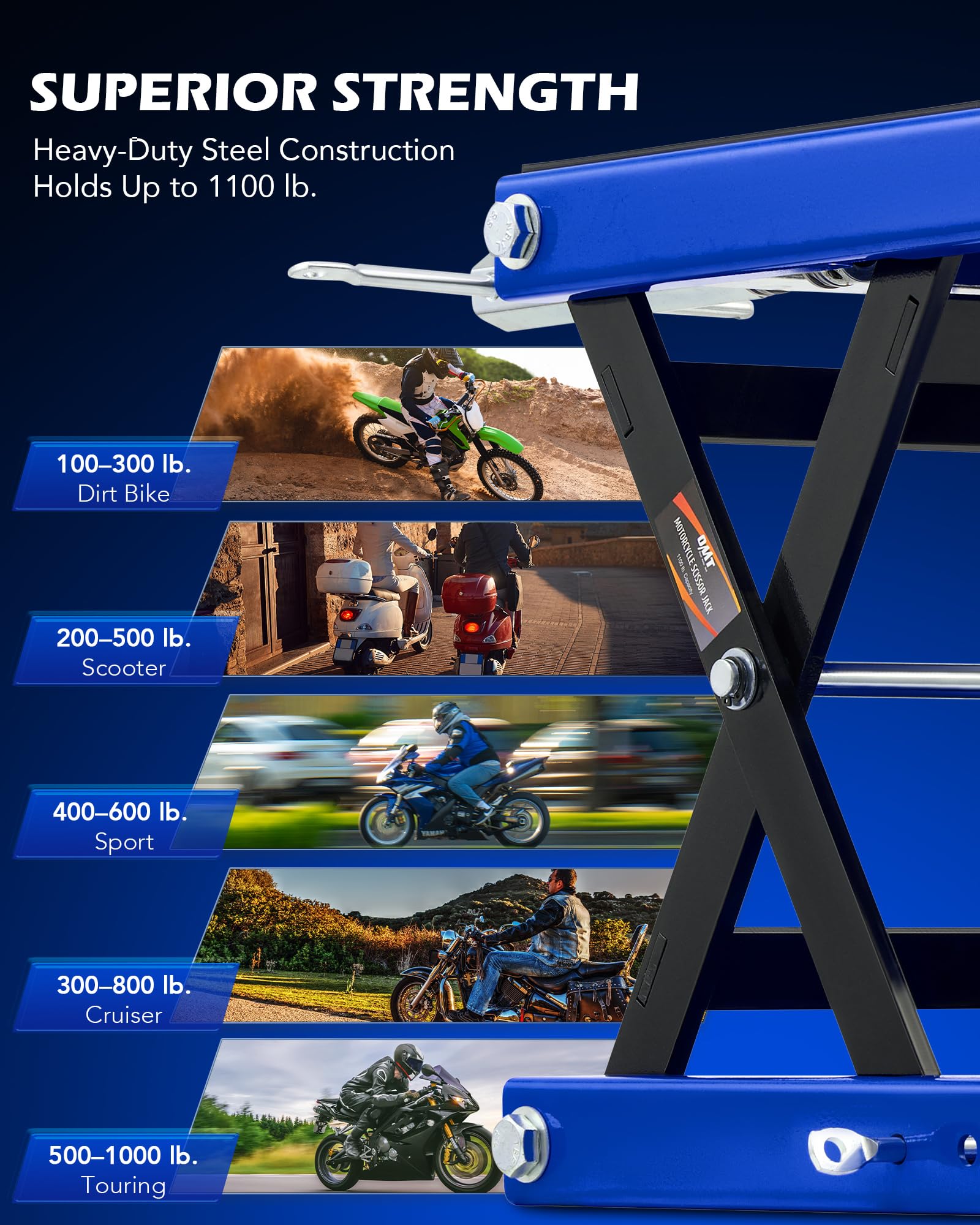 OMT Motorcycle Lift, 4-13 Inch Motorcycle Scissor Jack, 1100lb Capacity Wide Deck Motorcycle Center Stand and 1/2 Ton Scissor Li