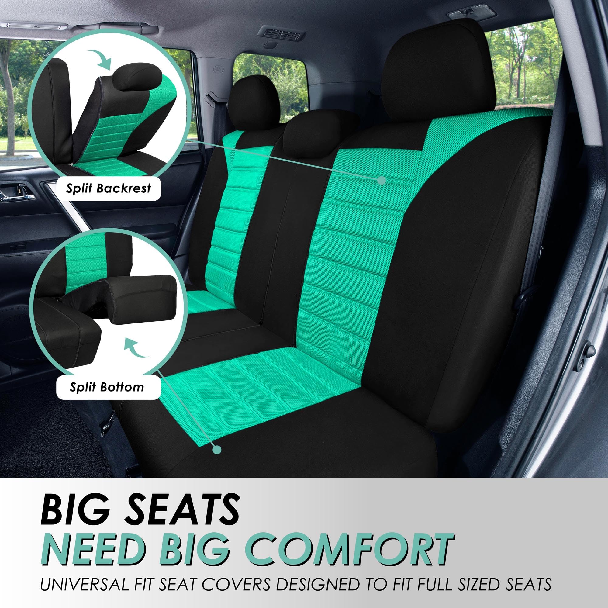 Fh Group Automotive Car Seat Covers Full Set Premium 3D Air Mesh Mint And Black Seat Covers, Airbag Compatible And Split Bench C