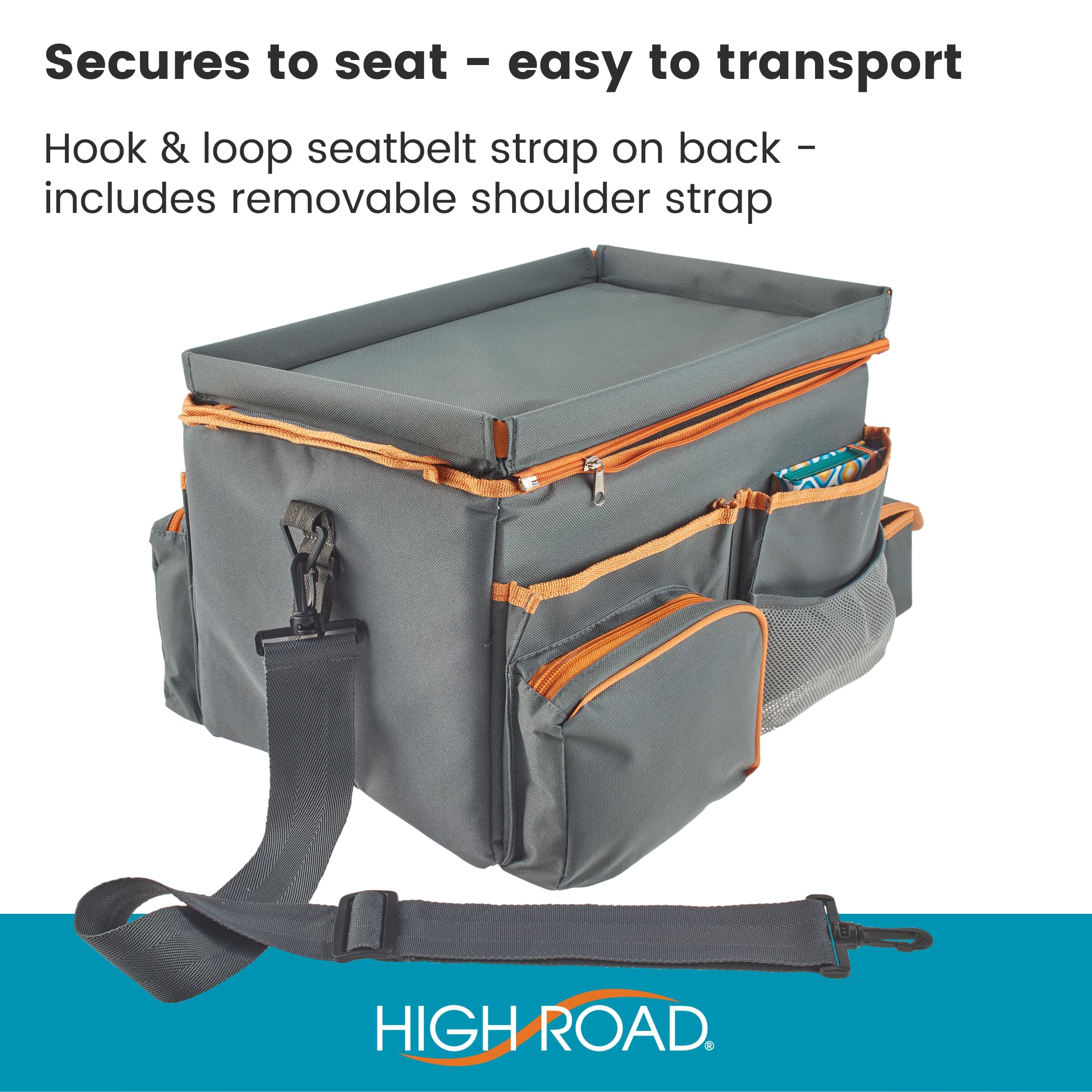 High Road CarHop Organizer with Cooler - Large Gray Back Seat Organizer for Kids & Drivers, 600D Oxford Polyester