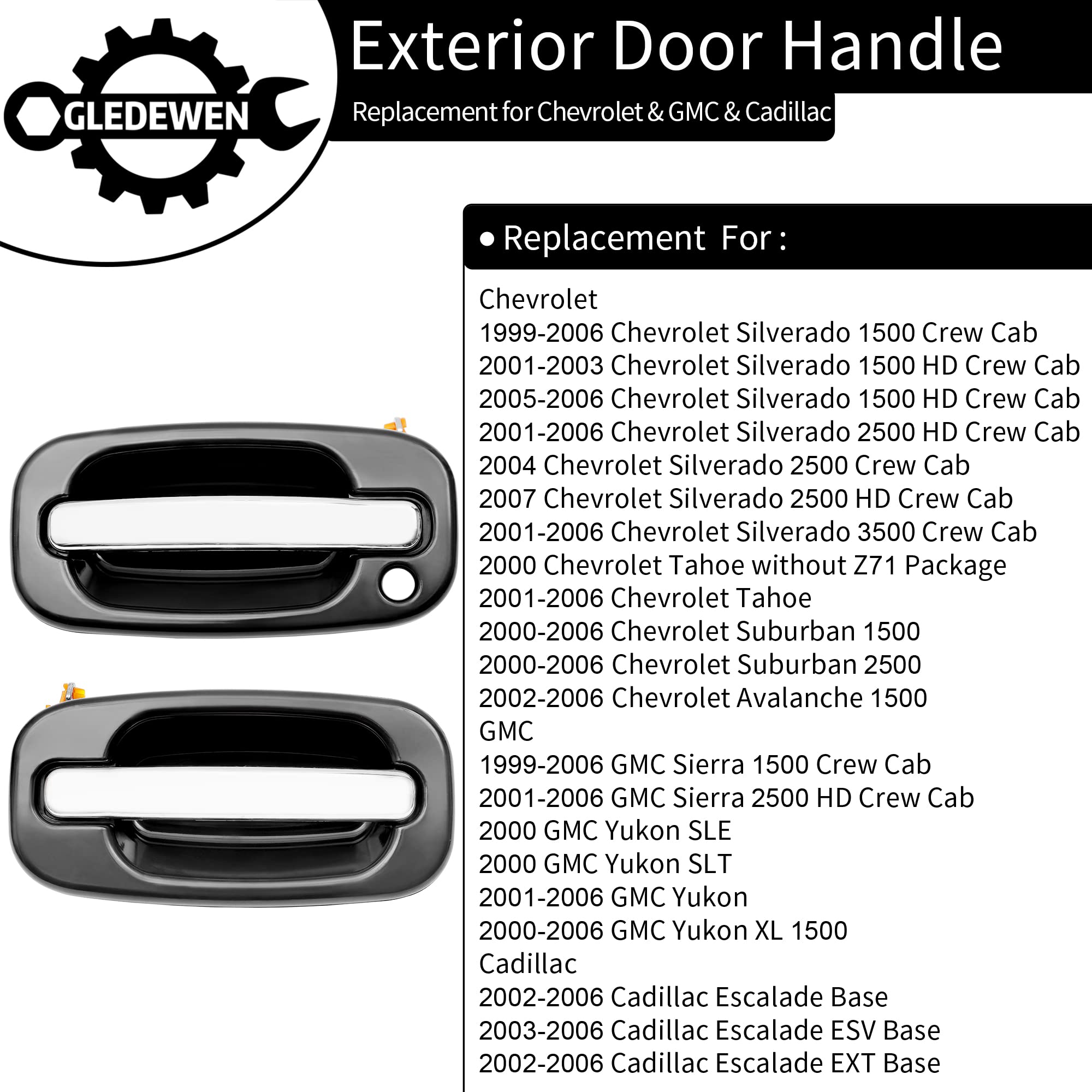 Exterior Door Handles, Compatible With 1999-2007 Chevy Silverado Suburban Tahoe Avalanche, Gmc Sierra Yukon, Cadillac Escalade, Chrome Lever, Front Left Driver & Right Passenger | 15034985, 15182406
