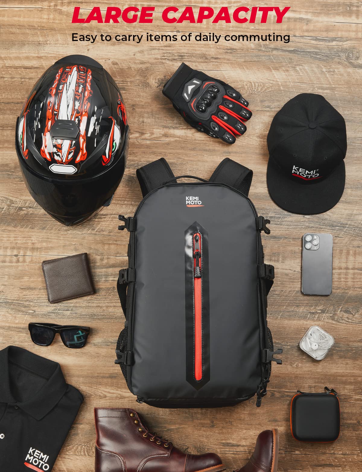 KEMIMOTO 20L Motorcycle Helmet Backpack, Black - Large Capacity Helmet Holder with Hidden Net for Helmets