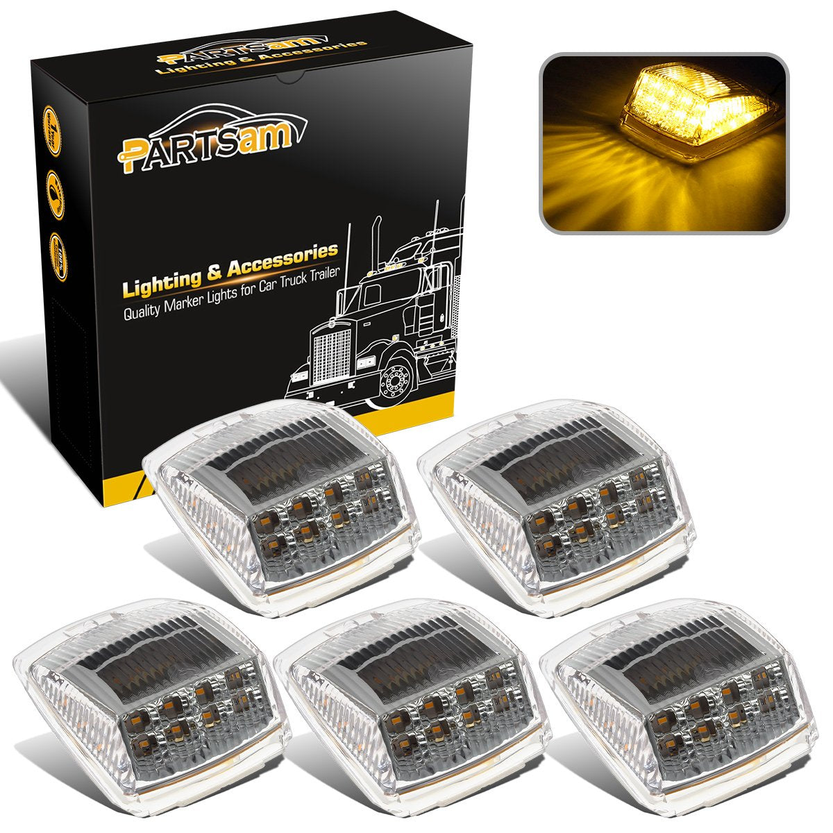 Partsam 5Pcs 17 Led Clear Lens 5 * 3.75'' Amber Cab Marker Top Roof Running Truck Cab Light Waterproof Top Reflective Lights Com