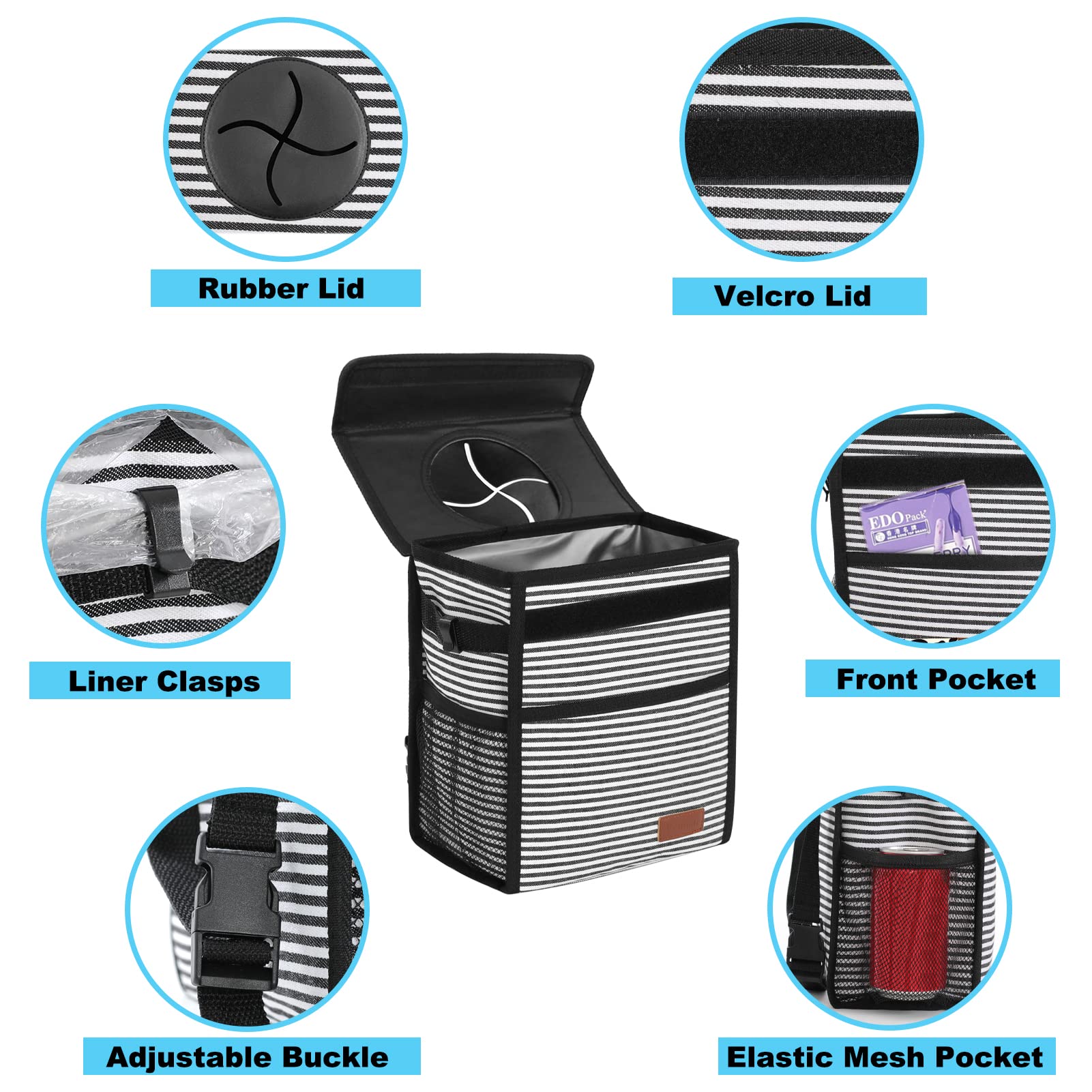 Femuar Car Trash Can Leak Proof Car Trash Bag Waterproof Car Garbage Can With Lid For Suv Front Seat Multipurpose Car Hanging For Headrest Collapsible And Portable With Storage Mesh Pocket, Stripe