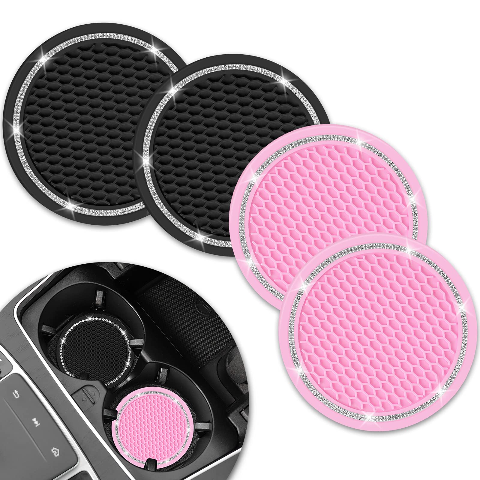 Car Coasters For Cup Holders, Shanshui 2.75 Inches Cute Car Accessories Anti-Slip Silicone Cup Holder For Car (Blackpink/ 4Pcs)
