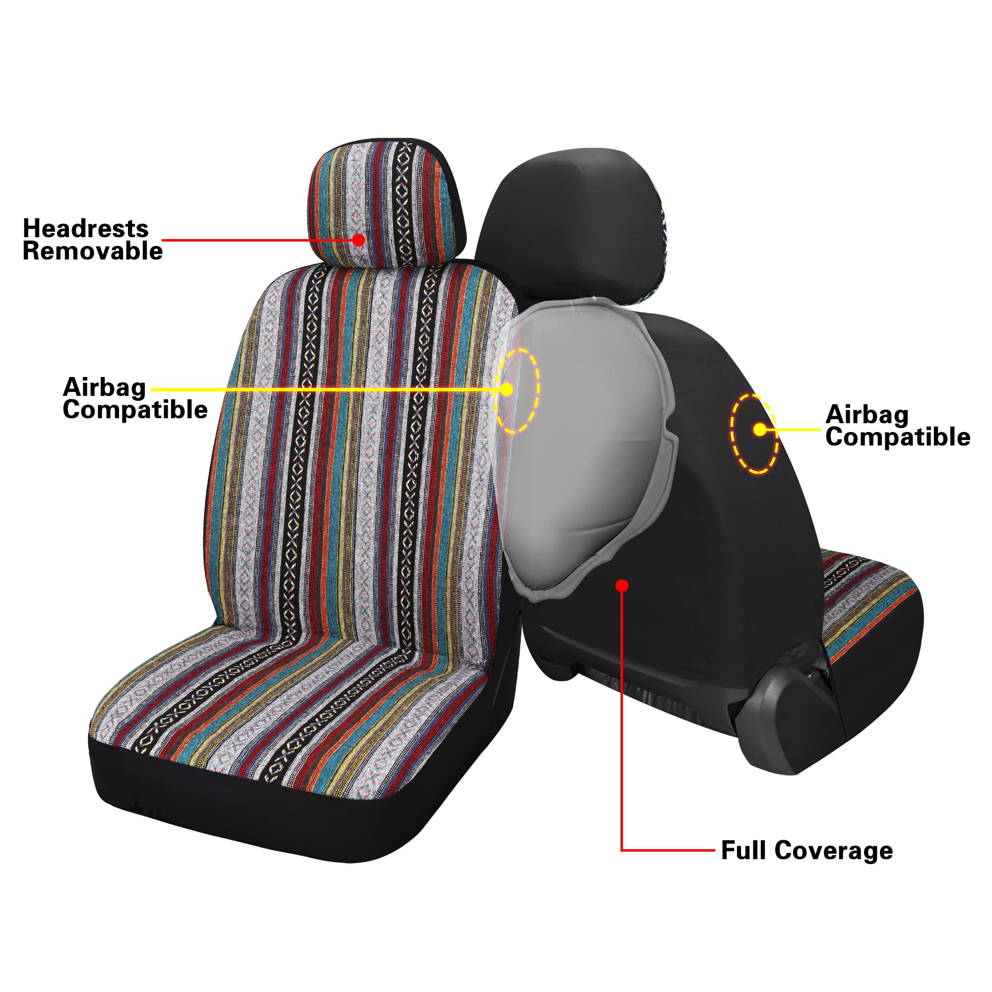 Haiyaotimes Baja Saddle Blanket Car Seat Covers Front Set With Seat Belt Pads, Washable Breathable Seat Covers For Cars, Universal Fit Interior Covers For Most Sedan Truck Suv, Airbag Compatible, Red