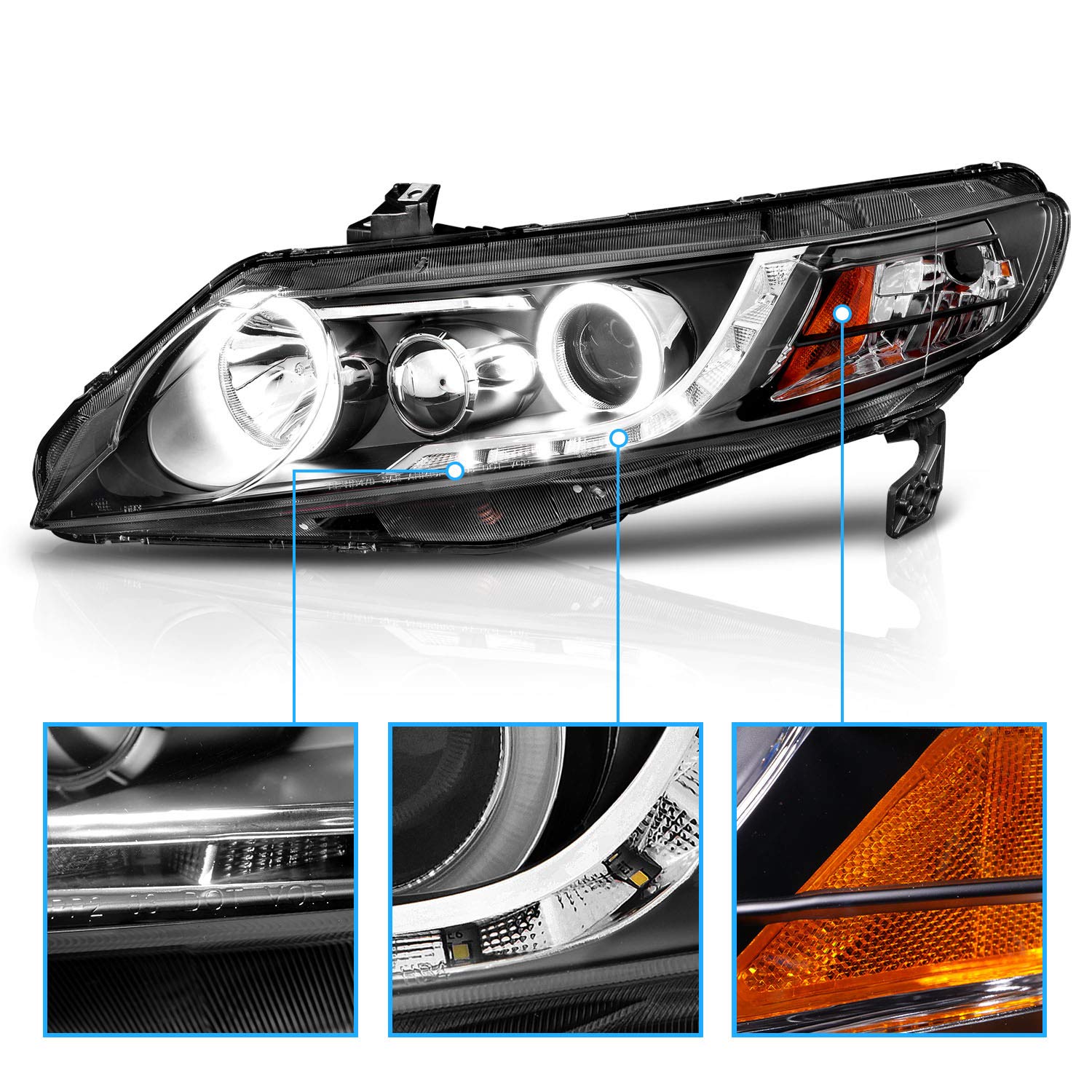 Amerilite Projector Halogen Headlights Amber Xtreme Led Halo For 2006-2009 Honda Civic 4 Door/Hybrid Sedan - Passenger And Driver Side, Vehicle Light Assembly, Black