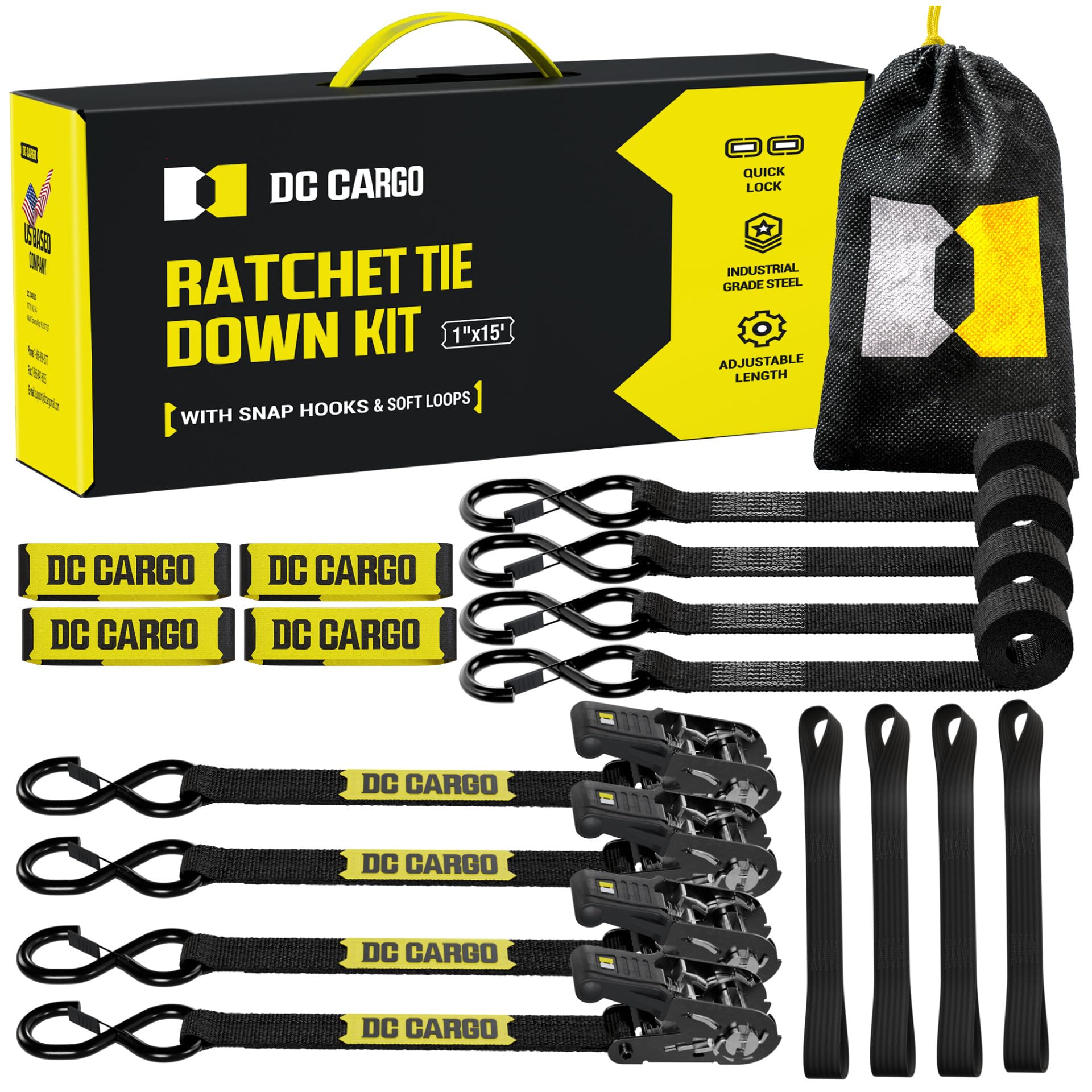 Motorcycle Tie Down Strap Kit, Includes (4) 1'' X 15' Ratchet Straps With (4) Soft Loops, Coated S Hooks & Padded Handles | 1,80