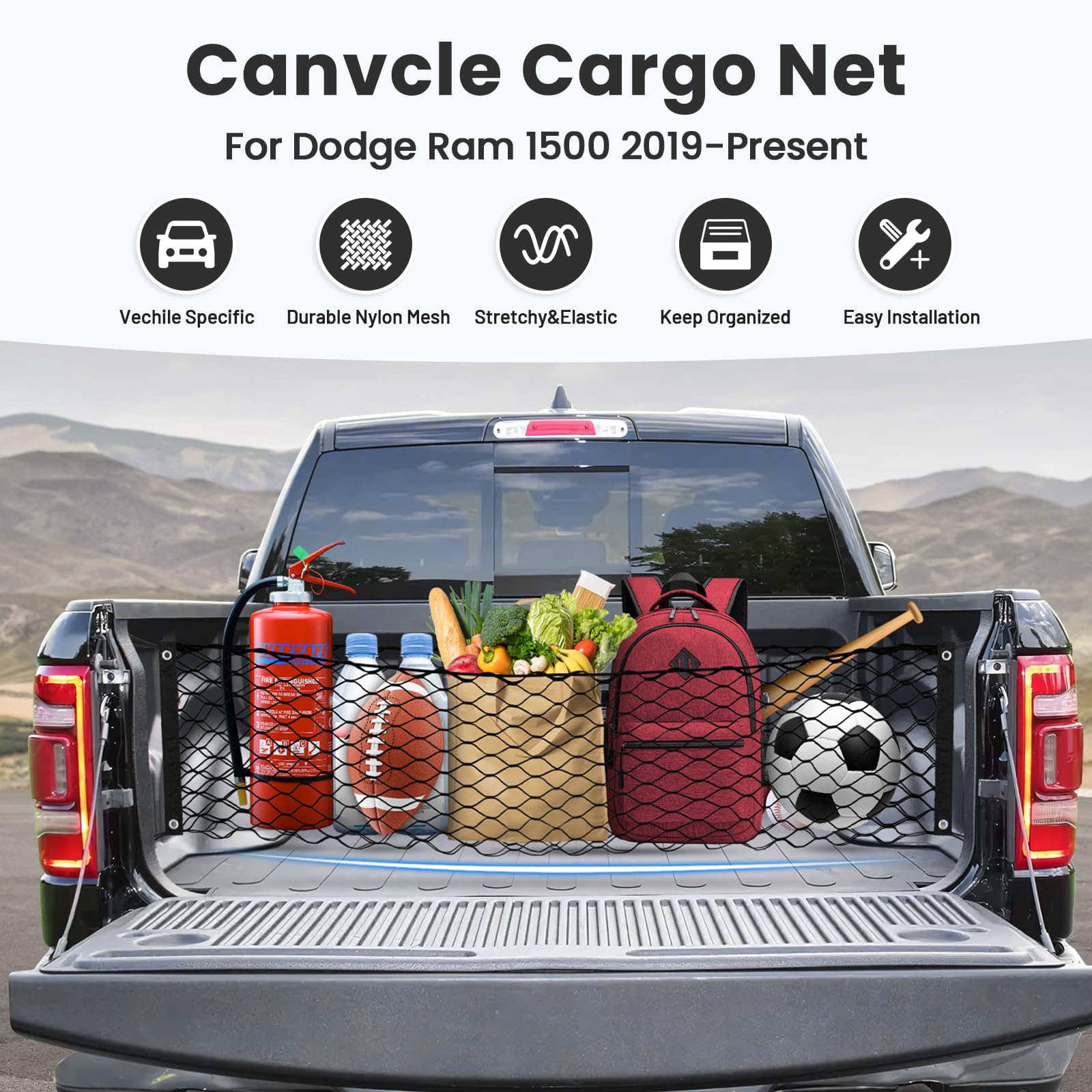 Canvcle Truck Bed Cargo Net for 2019-2025 Dodge Ram 1500 Accessories Envelope Style Mesh Trunk Net Organizer and Storage Stretch