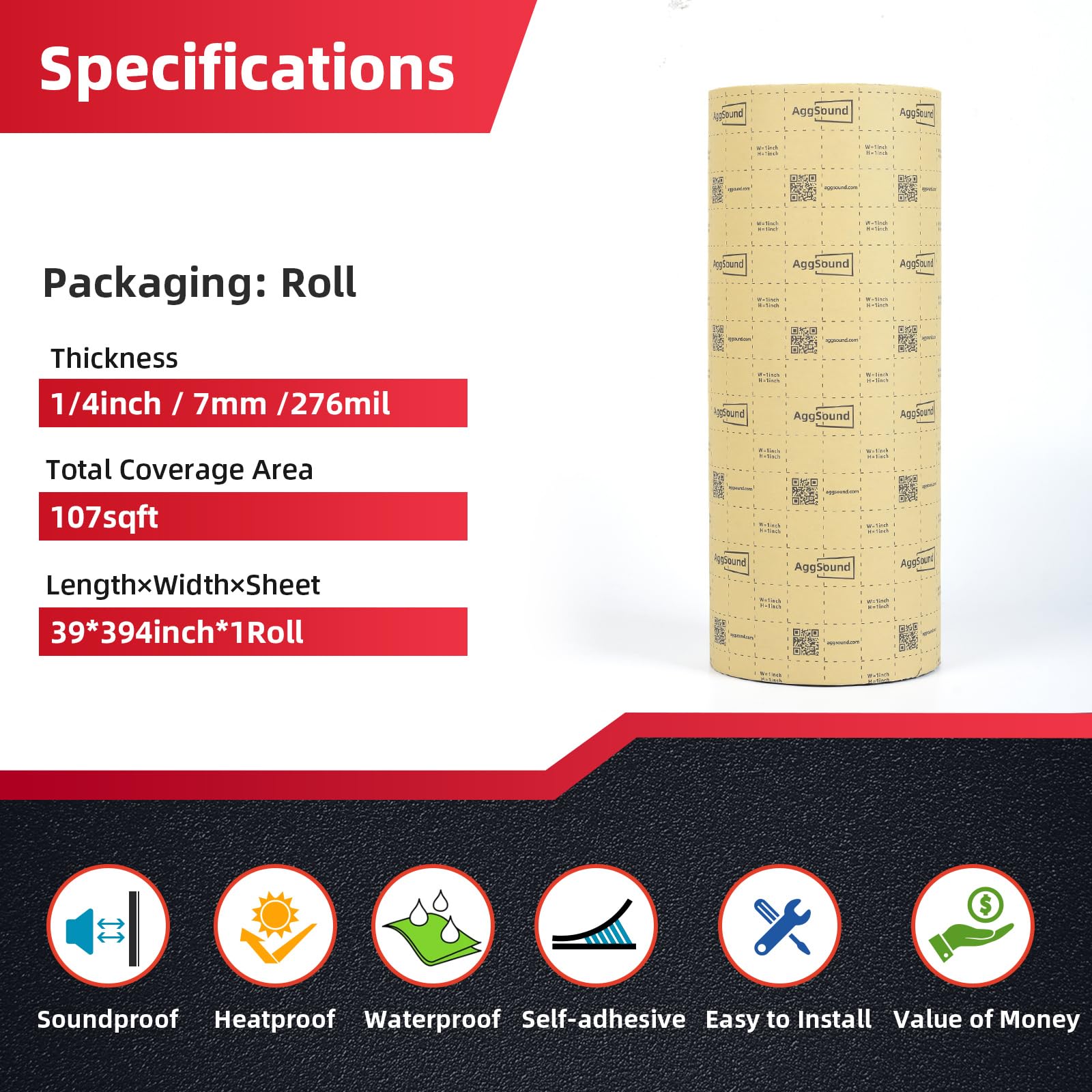 Aggsound 1/4Inch 107Sqft Thickened Sound Deadener For Multiple Use,High Density Foam With Adhesive,For Car, Boat, Rv Shield Insu