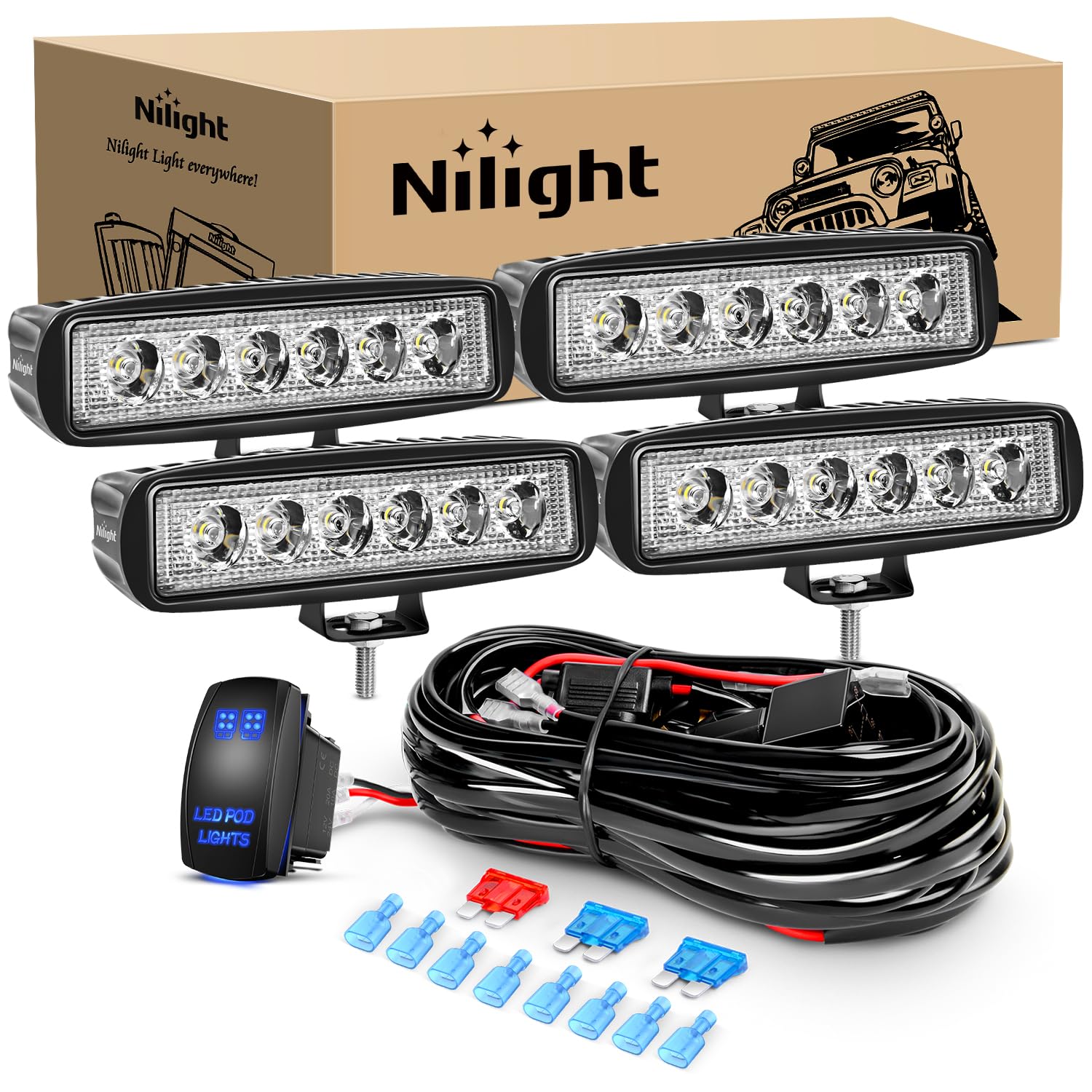 Nilight Led Light Bar 4Pcs 18W 6Inch Flood Led Pods Offroad Fog Light Waterproof With 16Awg Led Pod Lights Wiring Harness Kit Fo