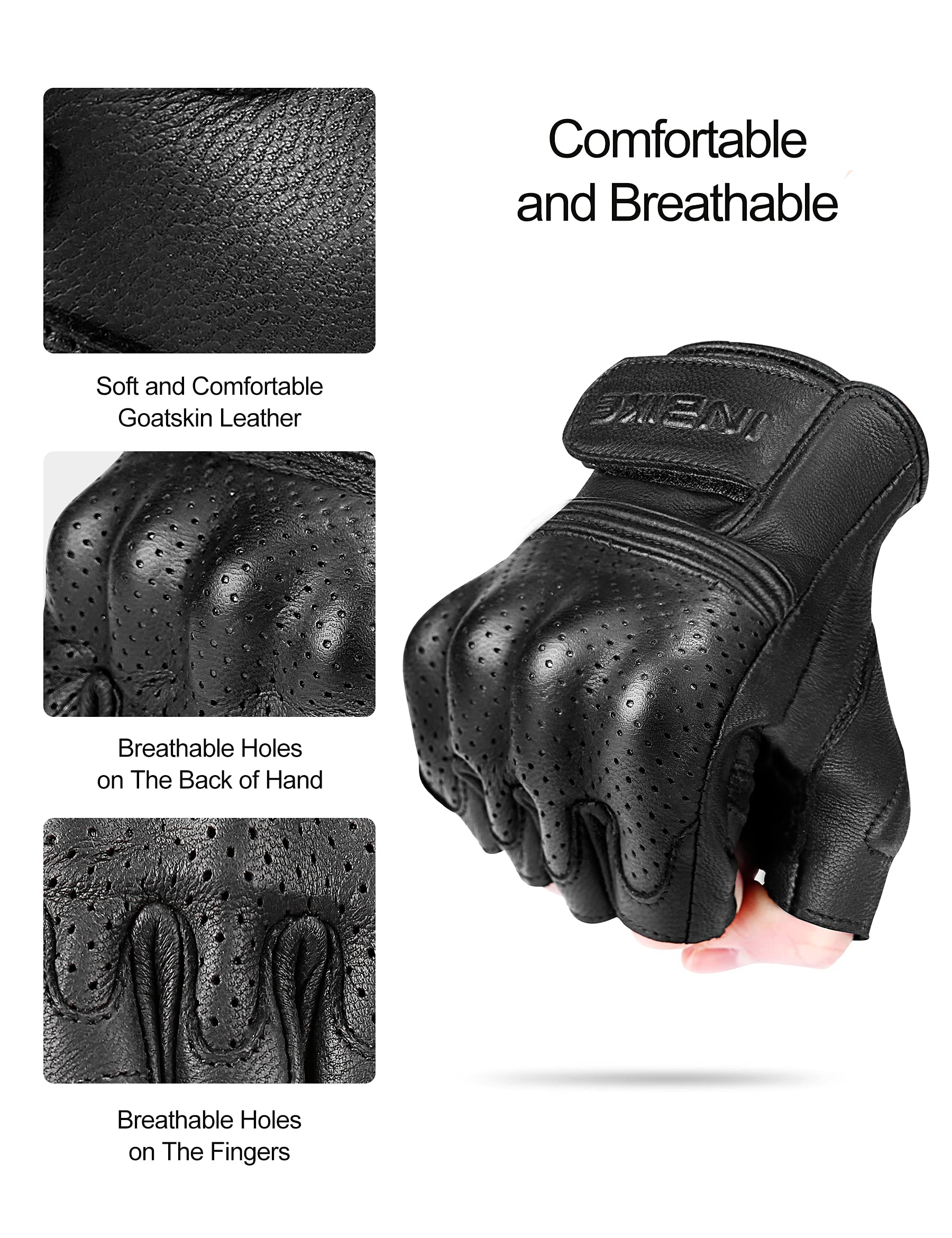 Inbike Fingerless Motorcycle Gloves Summer Breathable Goatskin Leather Wear Resistant Hard Knuckle Black Xx-Large