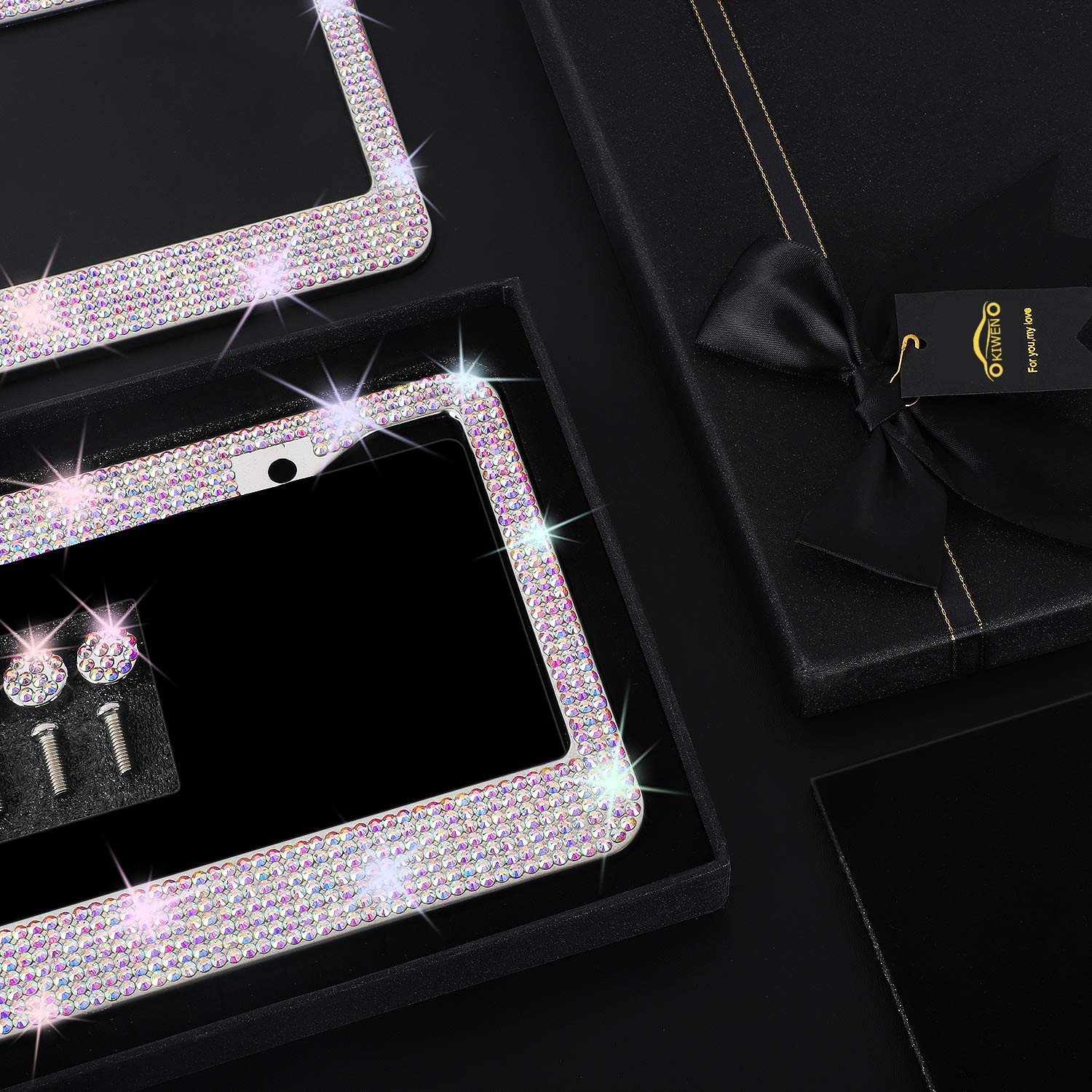 KIWEN Bling License Plate Frame - Rhinestone Stainless Steel, Colorful, 2 Pack with High-End Ribbon Gift Box