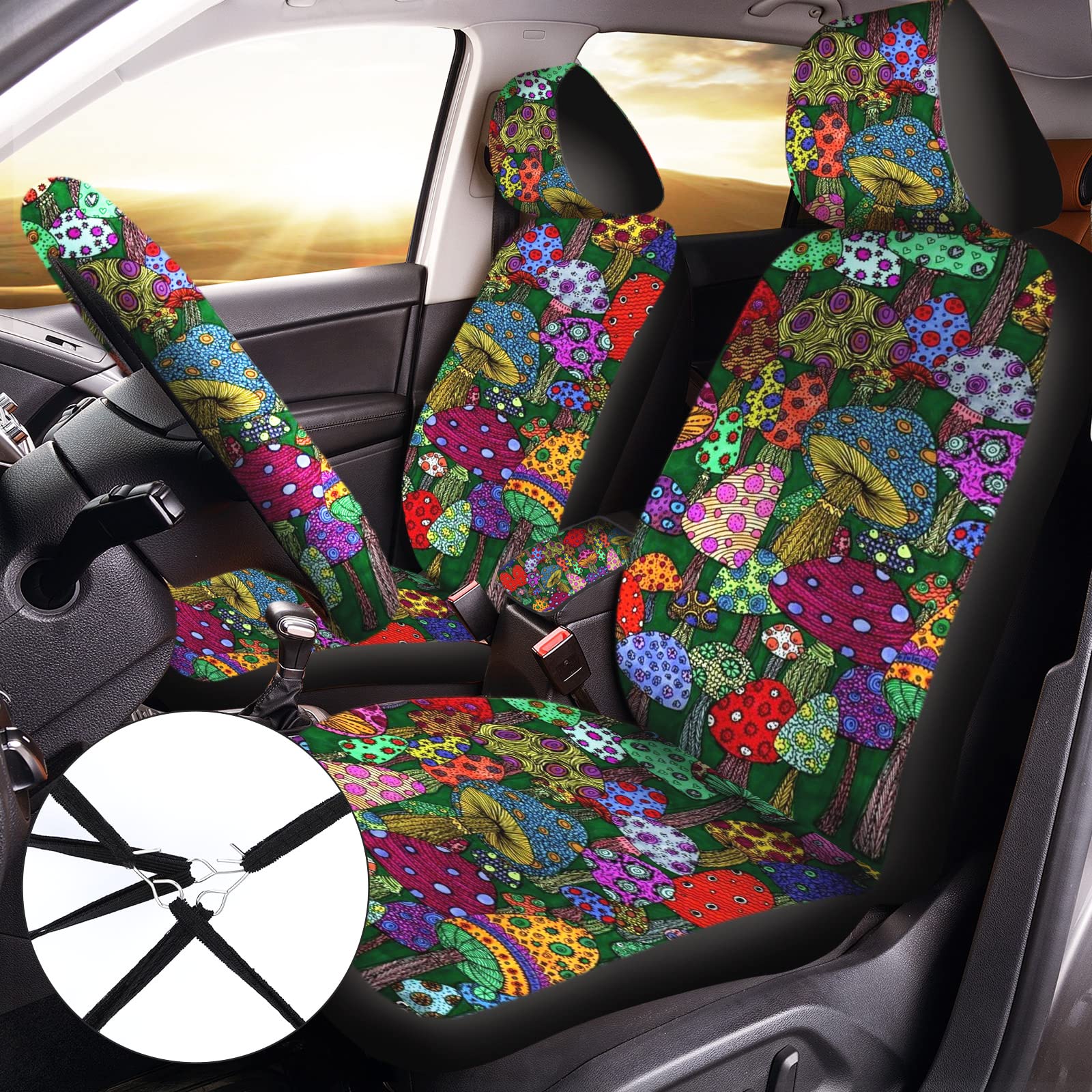 Fabbay 26 Pcs Mushroom Car Seat Covers Set with Seats Protectors Steering Wheel Cover Seat Belt Cover Floor Mat Armrest Cushion