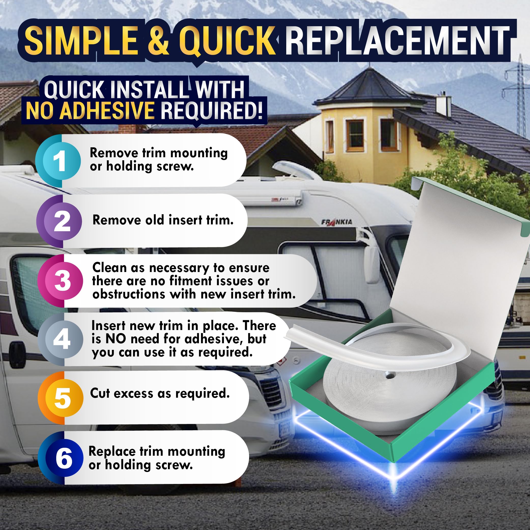 LATCH.IT RV Trim Molding Insert 7/8'' (White) | 100 RV Trim Molding Exterior | UV-Resistant Vinyl RV Corner Molding | Durable RV
