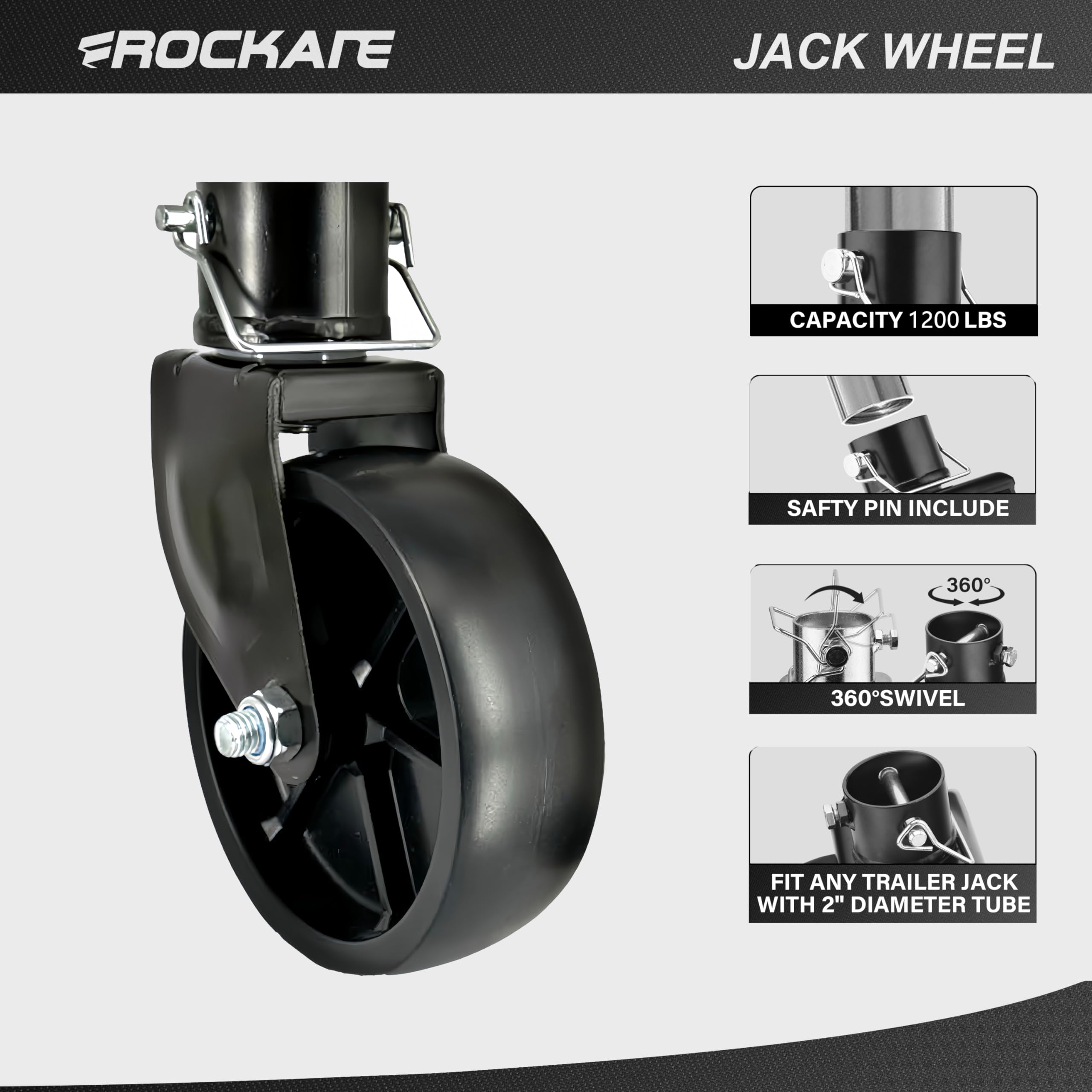 Rockane Black 6 ' ' Black Trailer Jack Swivel Caster Wheel Replacement, Heavy Duty 1200Lbs Capacity With Pin For Soft Ground Rol