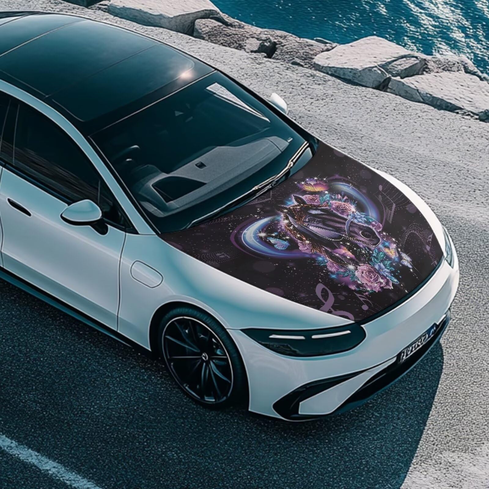 Beautiful Rose Horse Car Hood Cover Protector 59  39 Inch Auto Hood Wrap Blankets Stretchable Waterproof Sun Proof Automotive Ex