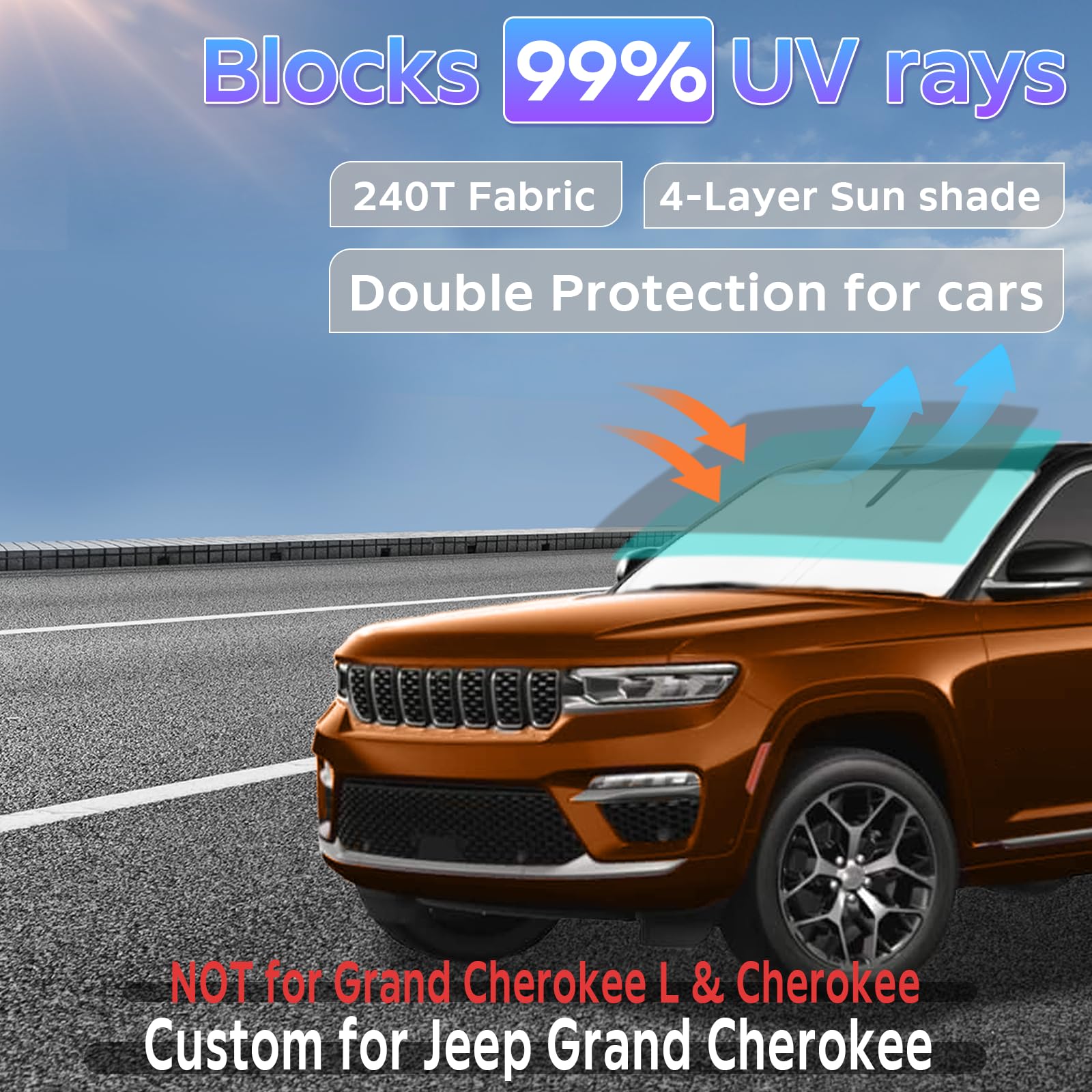 Sun Shade Sunshade For Jeep Grand Cherokee 2022-2025 Windshield Cover, 2-Layers Sun Shield 240T Silver Sun Visor Foldable Window