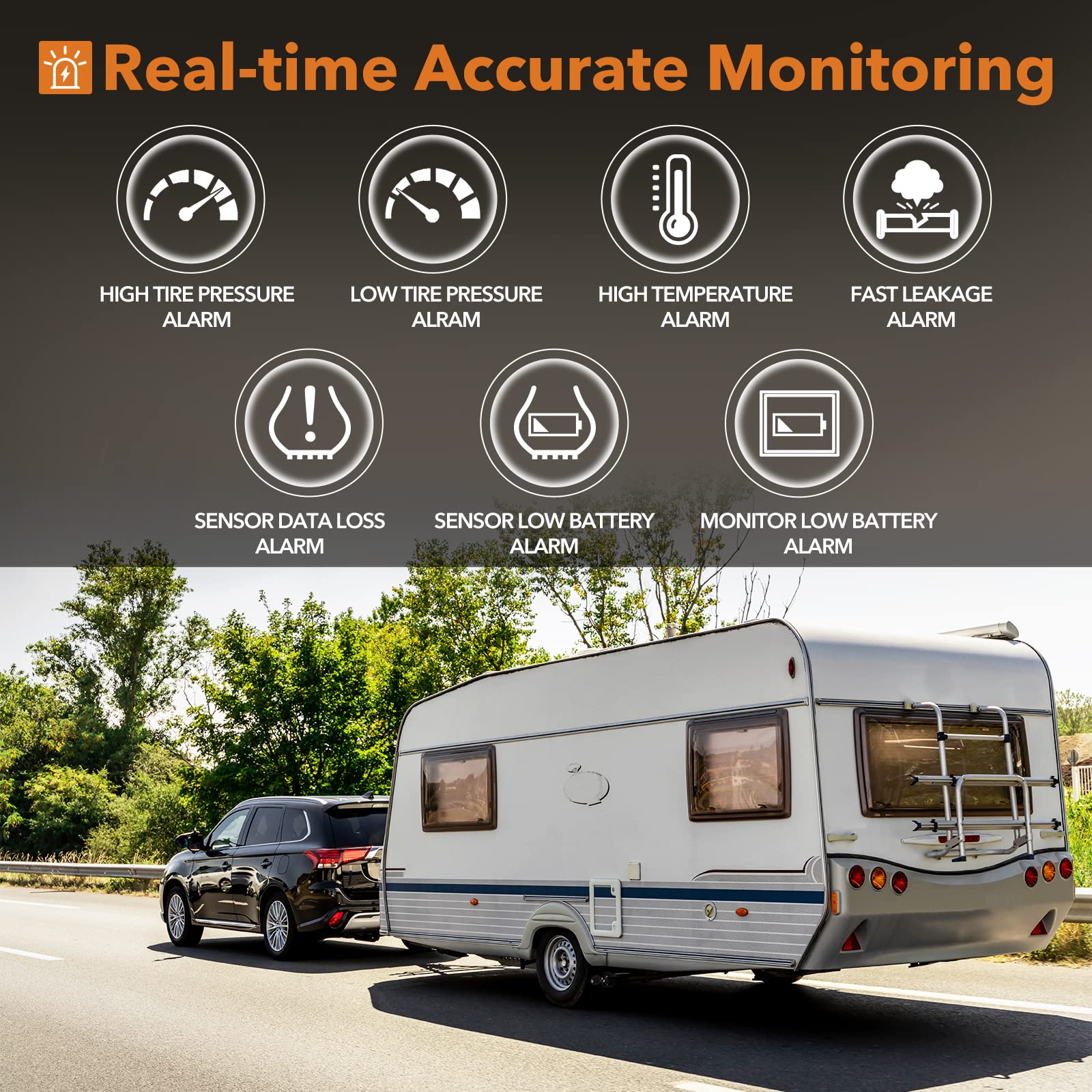 Guta Rv Tire Pressure Monitoring System, Rv Tpms, 6 Sensors, 7 Alarm Modes, 14 Days Battery Life, 80Ft Sensing Distance, Large S