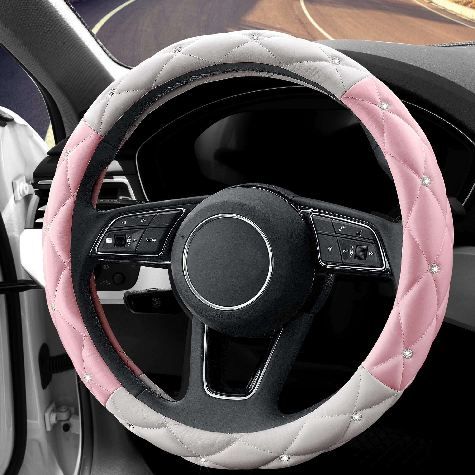 Yogurtck Cute Diamond Soft Leather Steering Wheel Cover With Bling Bling Crystal Rhinestones, Universal 15 Inch For Women Girls,