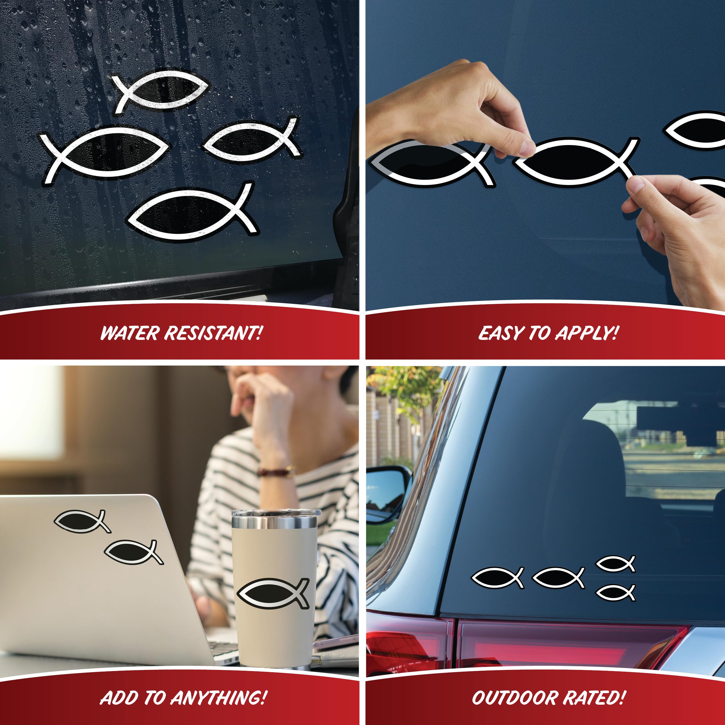 Christian Fish Car Decals - Set Of 4 Black White Religious Stickers For Car Or Truck Window Icthus Jesus Fish Car Emblem Christi