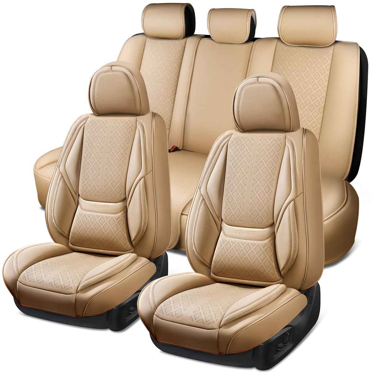 CAR PASS Nappa Leather Car Seat Covers 5 Seat, Luxury Lumbar Support, Waterproof Breathable Durable All Coverage Leatherette Sea