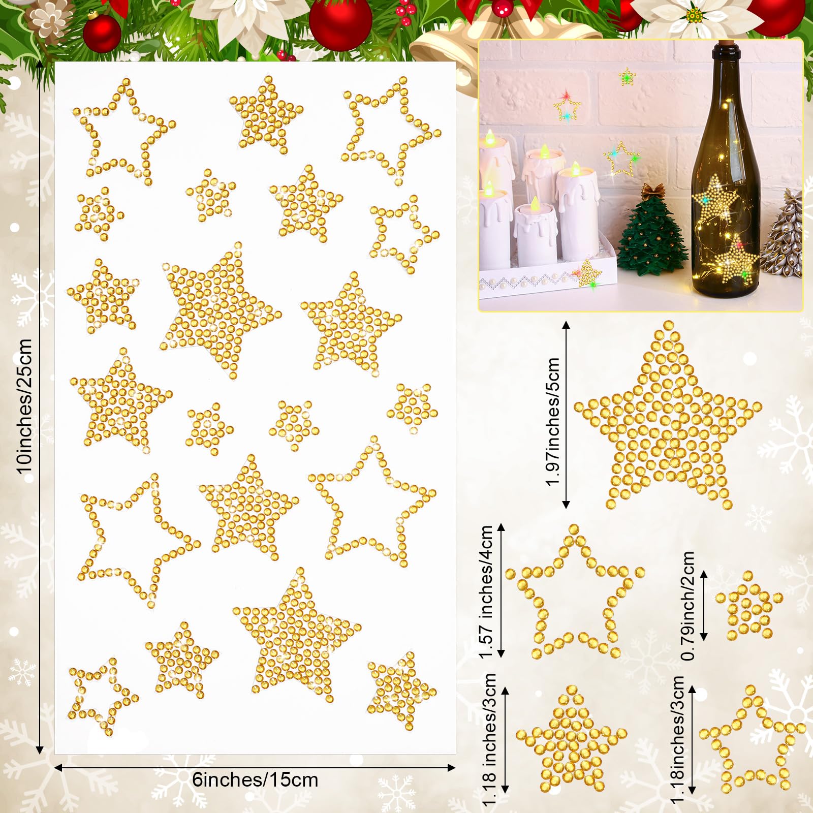 Epakh 84 Pieces Gold Rhinestone Star Stickers, Glitter Bling Self Adhesive Crystal Star Sticker For Winter Package Gift Decor Ho