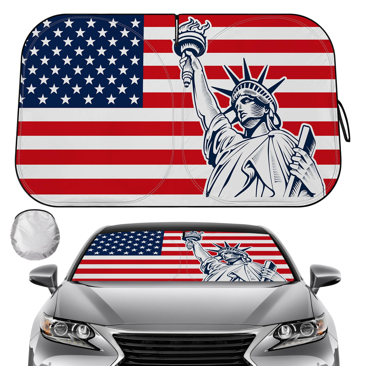 Windshield Sun Shade - American Flag Car Sun Shade Windshield, Foldable Uv Ray Reflector Car Shade Front Windshield, Keeps Your