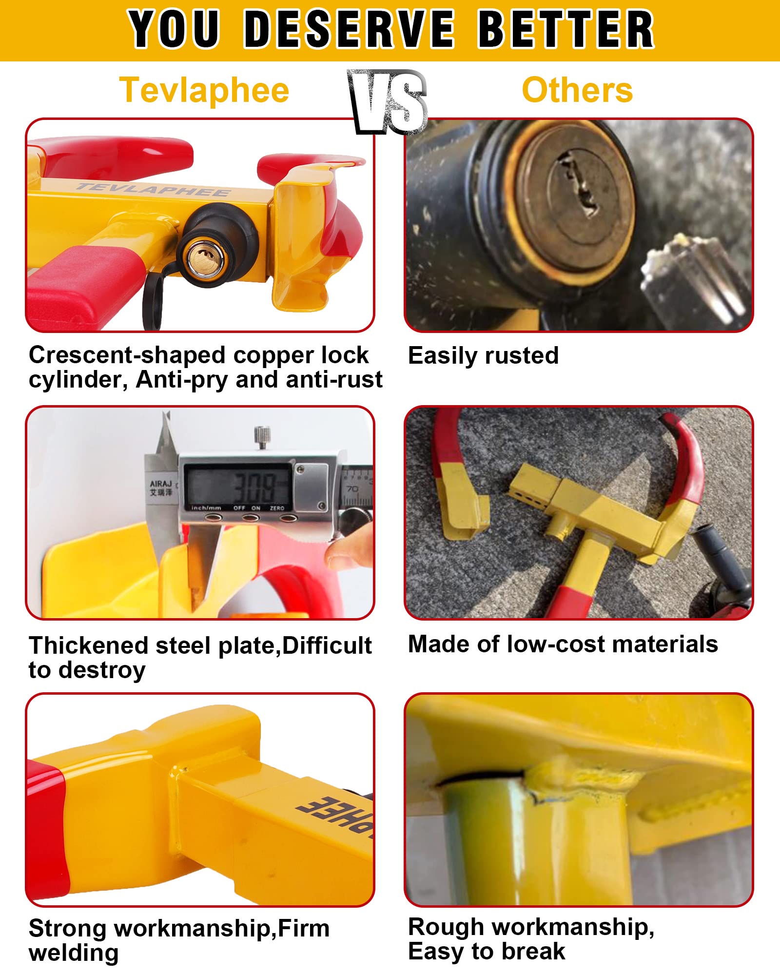 Tevlaphee Wheel Lock Set,Trailer Security Adjustable Tire Lock Anti Theft Trailer Wheel Lock For Trailers Car Suv Boat Motorcycle Golf Cart Great Deterrent 2 Packs 6 Alike Keys