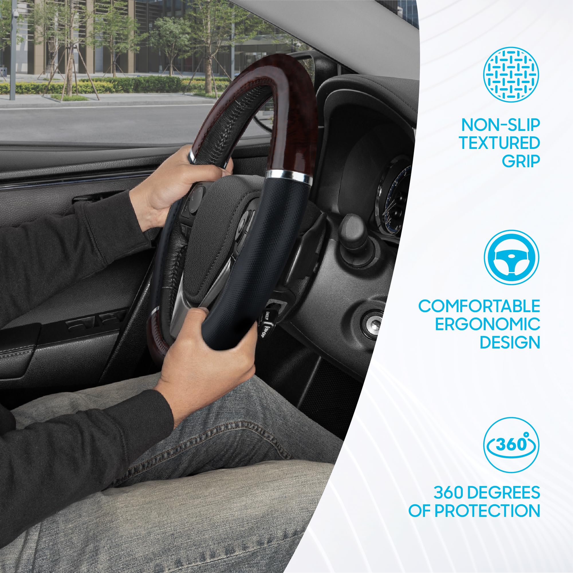 BDK Dark Wood Grain Car Steering Wheel Cover, Standard 15 inch with Black Faux Leather Grip, Made to Fit Most Auto Truck Van SUV