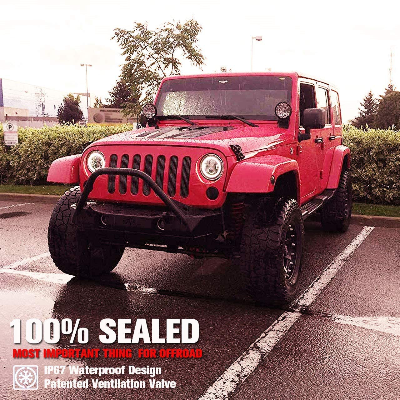 GXENOGO 7 LED Halo Headlights with Amber White DRL, Compatible with 2007-2017 Jeep Wrangler JK JKU, Black - 1 Pair Replacement