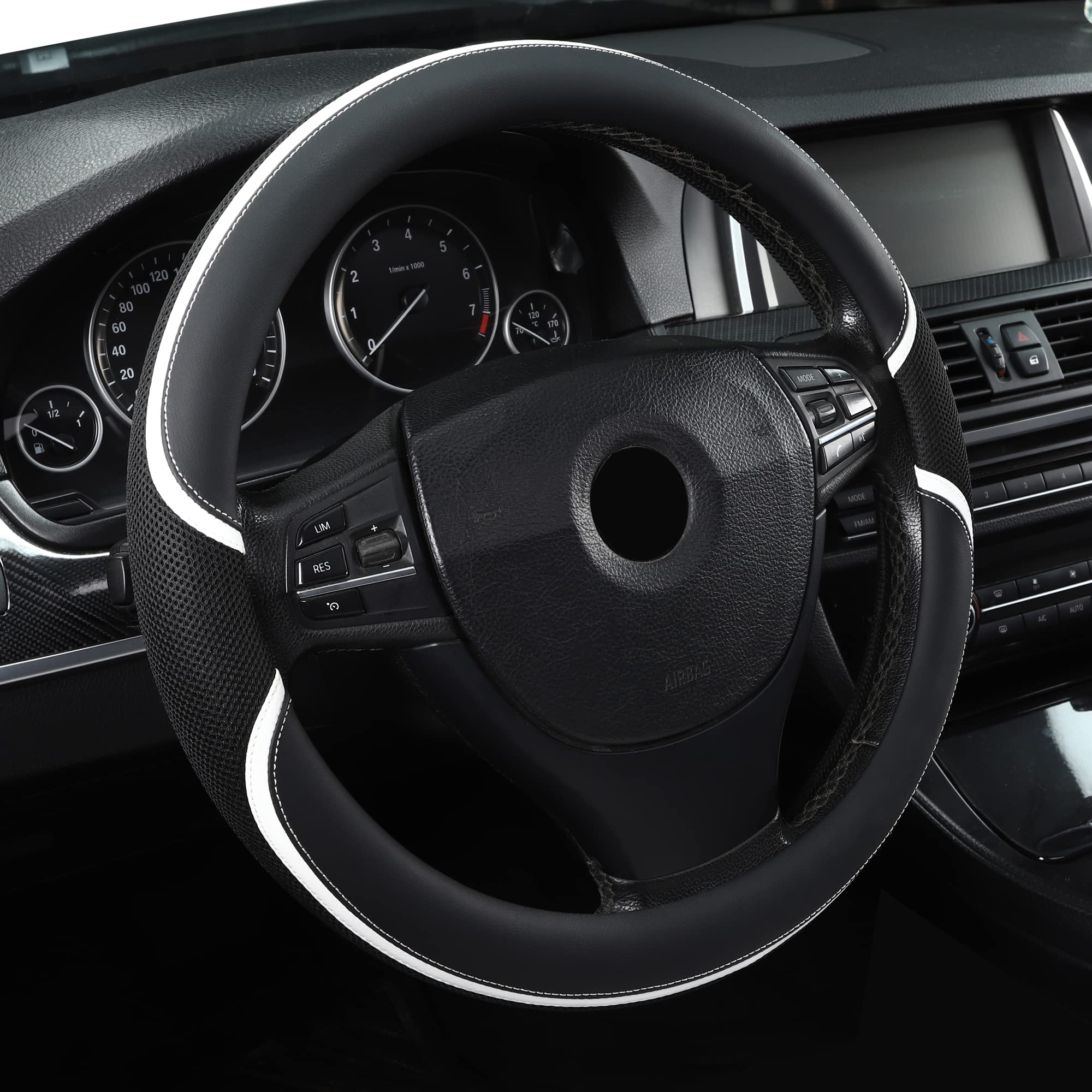 Microfiber Leather 15'' Universal Fit Car Steering Wheel Cover, Elastic Nonslip Breathable And Odorless, Grey & White