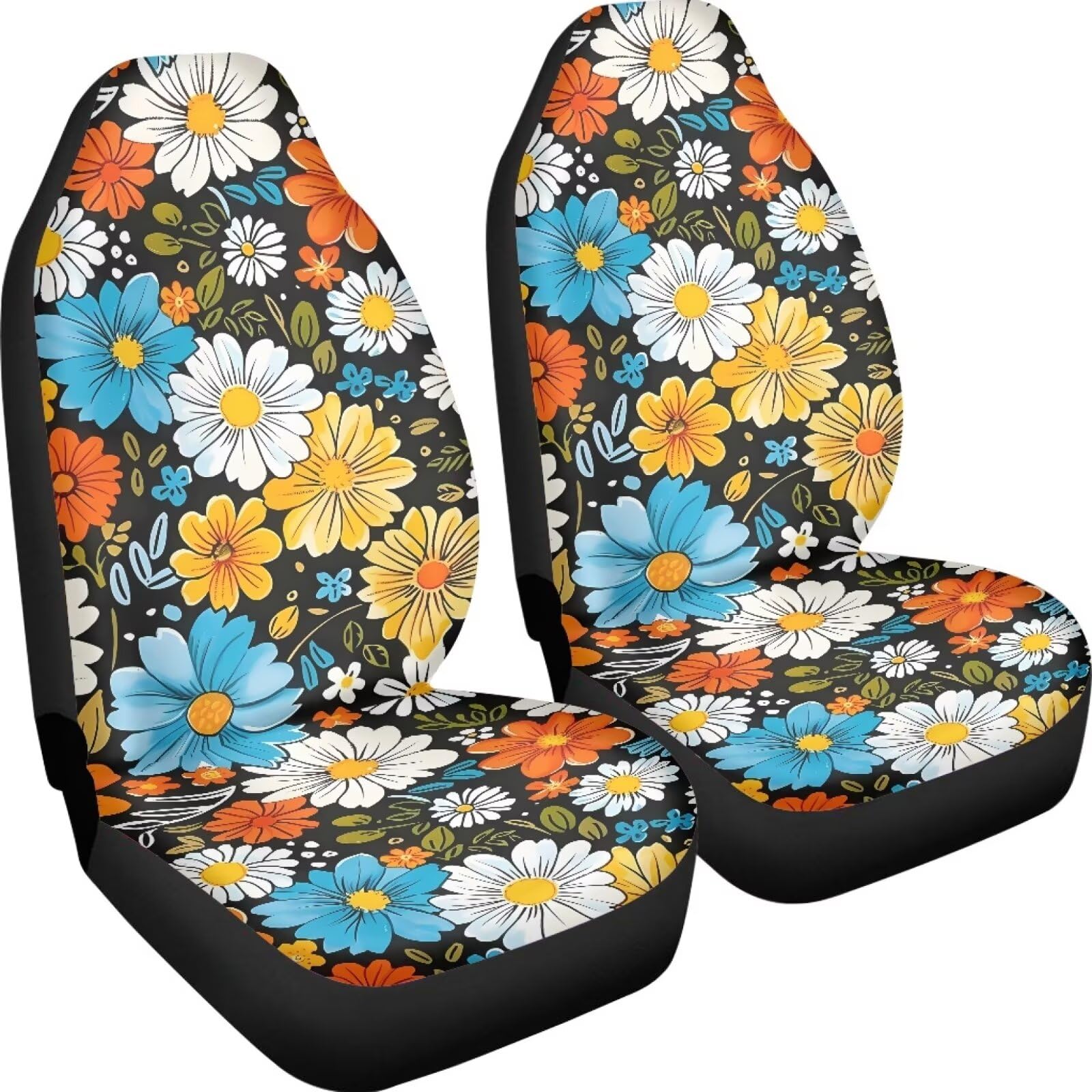 Bigcarjob Hippie Daisy Car Seat Cover Set For Front Seat Only,2 Pack Blossom Flower Printed Auto Front Seat Protector Saddle Bla