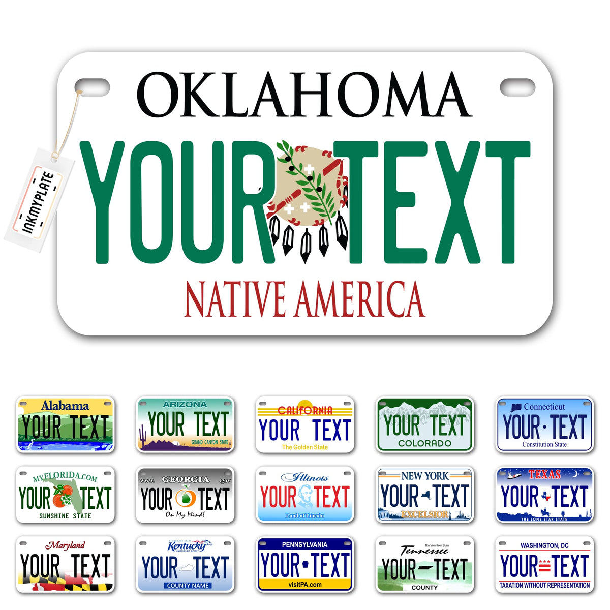 Inkmyplate Personalized Oklahoma Small License Plate | Motorcycle 7X4 In | 3 Sizes | Custom License Plates For Kids Bicycles | P