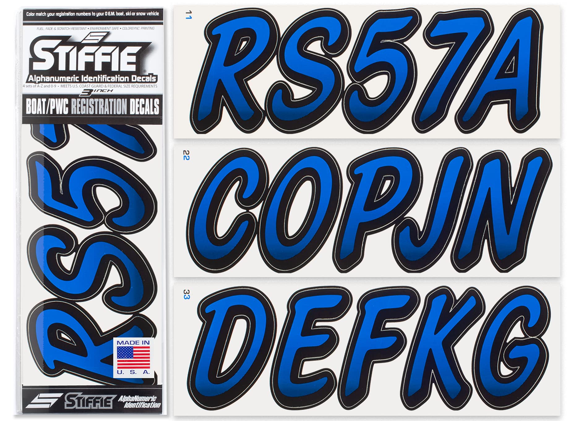 STIFFIE Whipline Blue/Black 3'' Boat & PWC Registration Decals  Numbers Letters Stickers