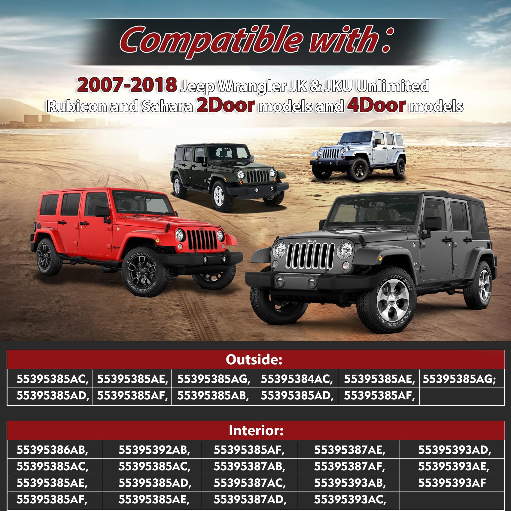 Jeep Wrangler JK Interior 4 Door Assembly Kits Compatible with 2007-2018 Jeep Wrangler JK JKU Rubicon Unlimited Sahara (Inner 4-