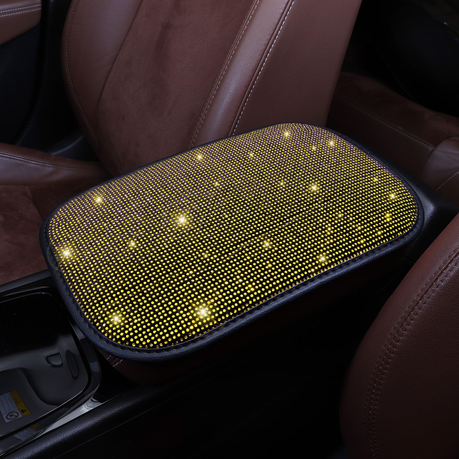 Tobequeen Yellow Arm Rest Cover, Rhinestone Crystal Diamond Bling Center Console Cover, Universal Fit All Vehicles, Interior Bli