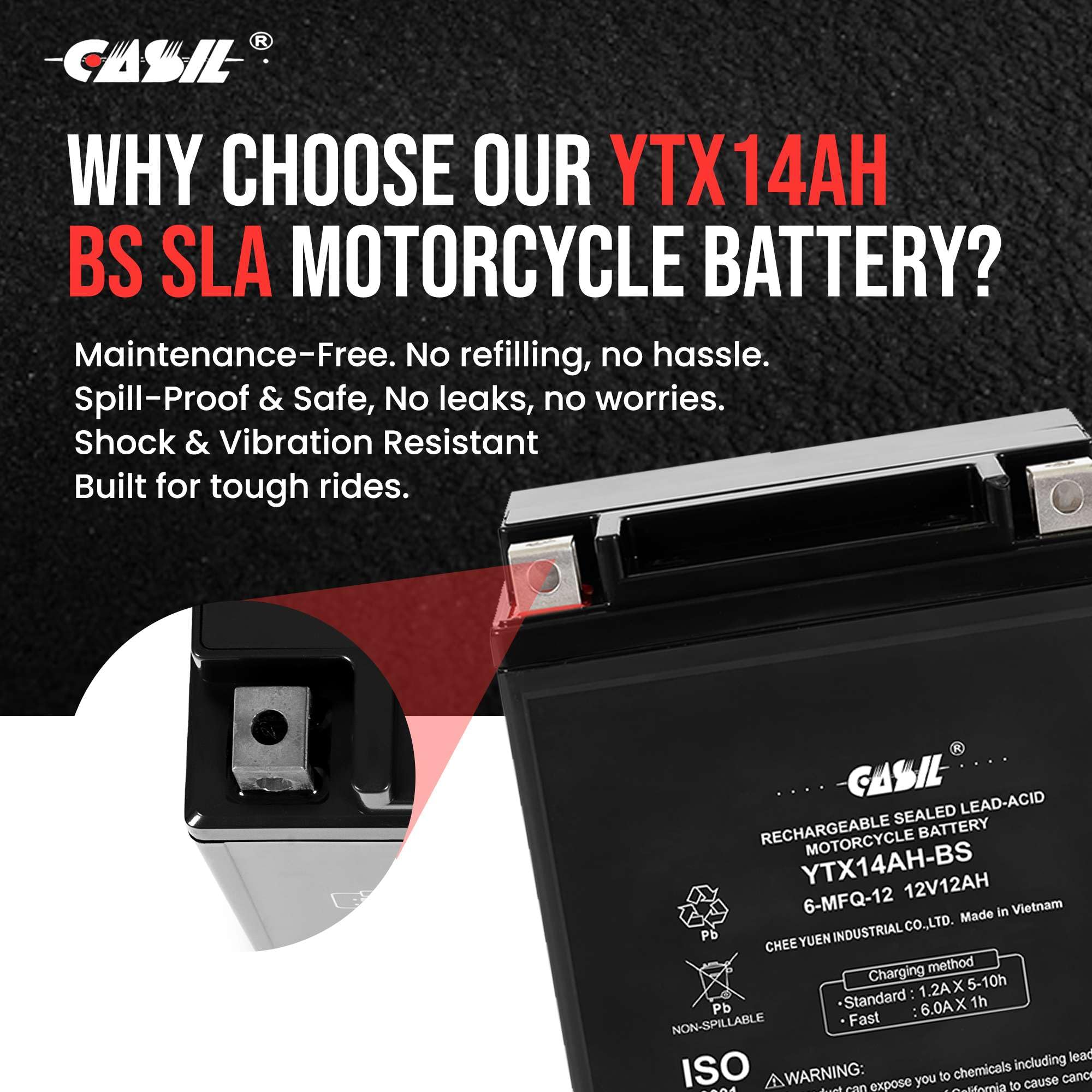 Ytx14Ah - 12 Volt 12Ah 210 Cca - High Performance Maintenance Free Sla Agm Power Sport Battery - Casil Battery, Ytx14Ah-Bs