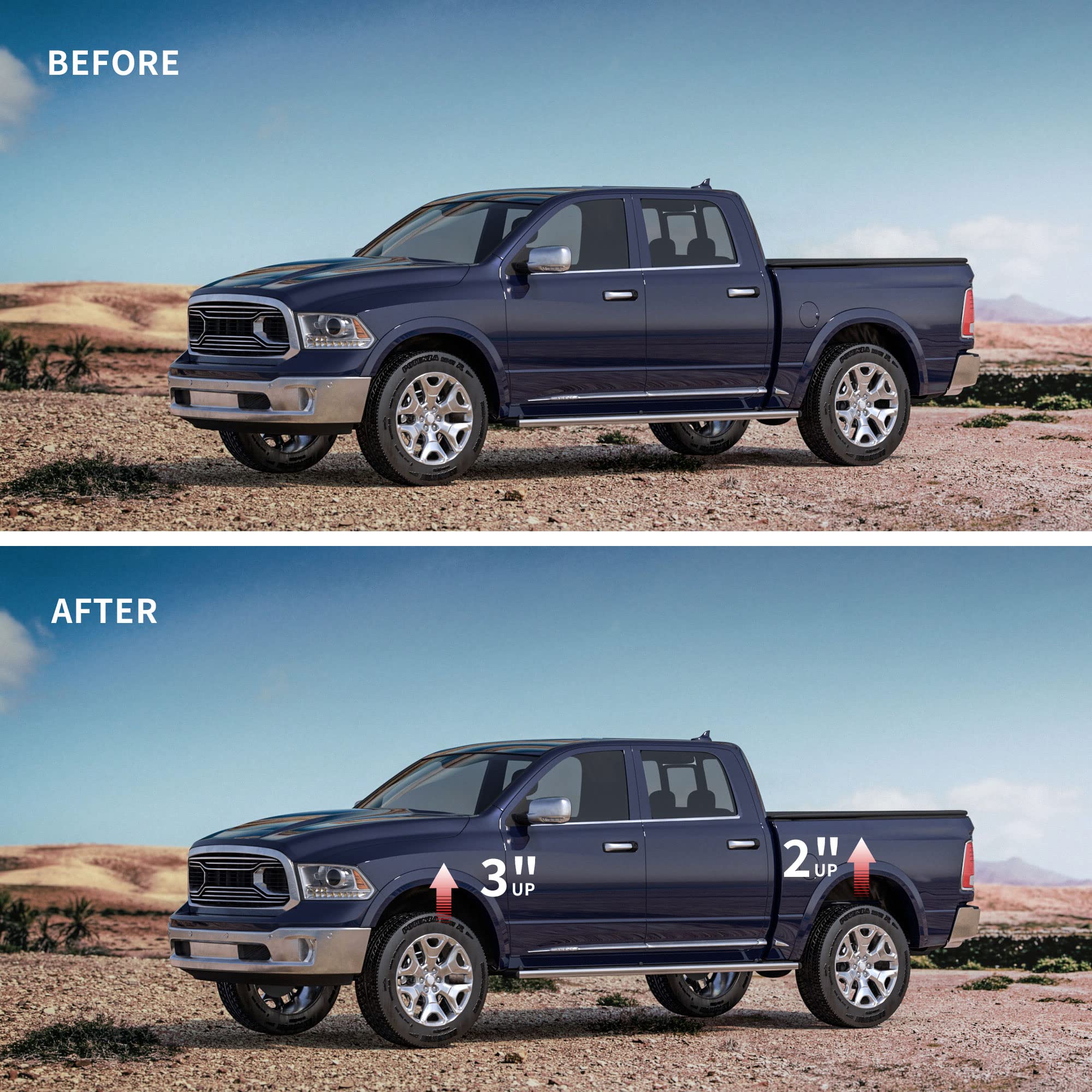 Richeer 3'' Front and 2'' Rear Leveling Lift Kits for 2009-2024 Ram 1500 4X4 4WD, 3 Inch Front Strut Spacers and 2 Inch Rear Lif