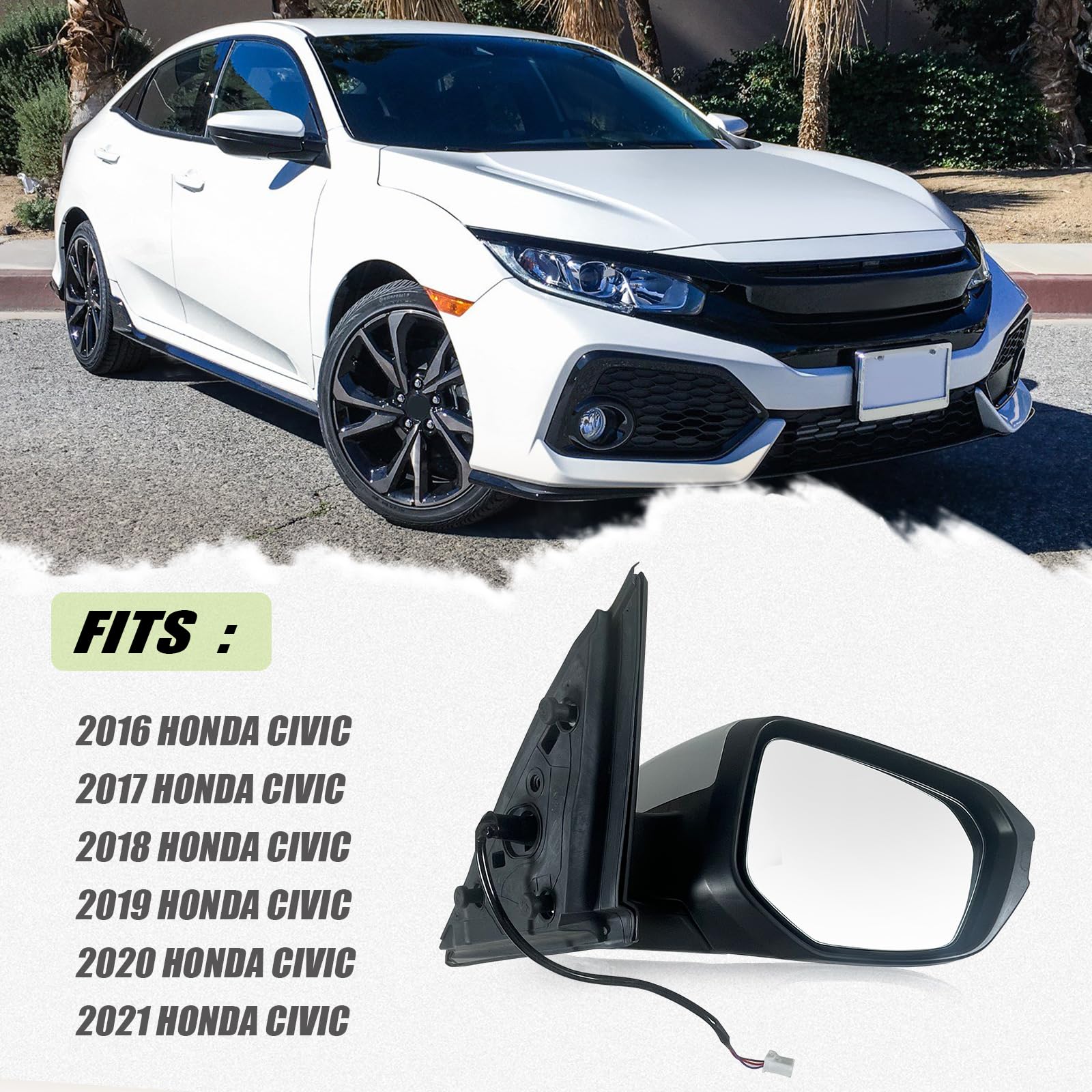 Lqito Right Passenger Side Door Mirror For 2016-2021 HONDA CIVIC LX SE Sport with Power Mirror Ajust Manual Fold Non-Heated Matc