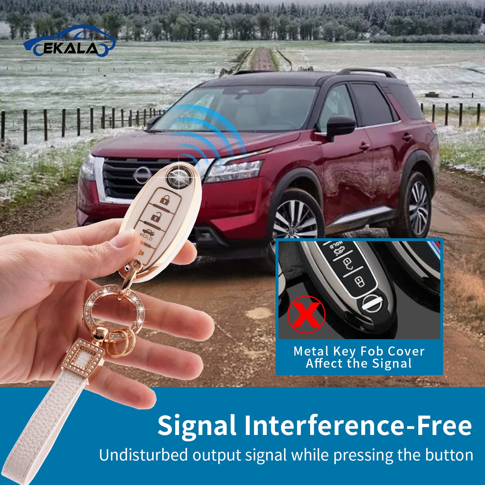 EKALA for Nissan 4-Button Key Fob Cover Soft TPU White Case with Leather Lanyard Fit for Altima Armada Maxima Sentra Pathfinder
