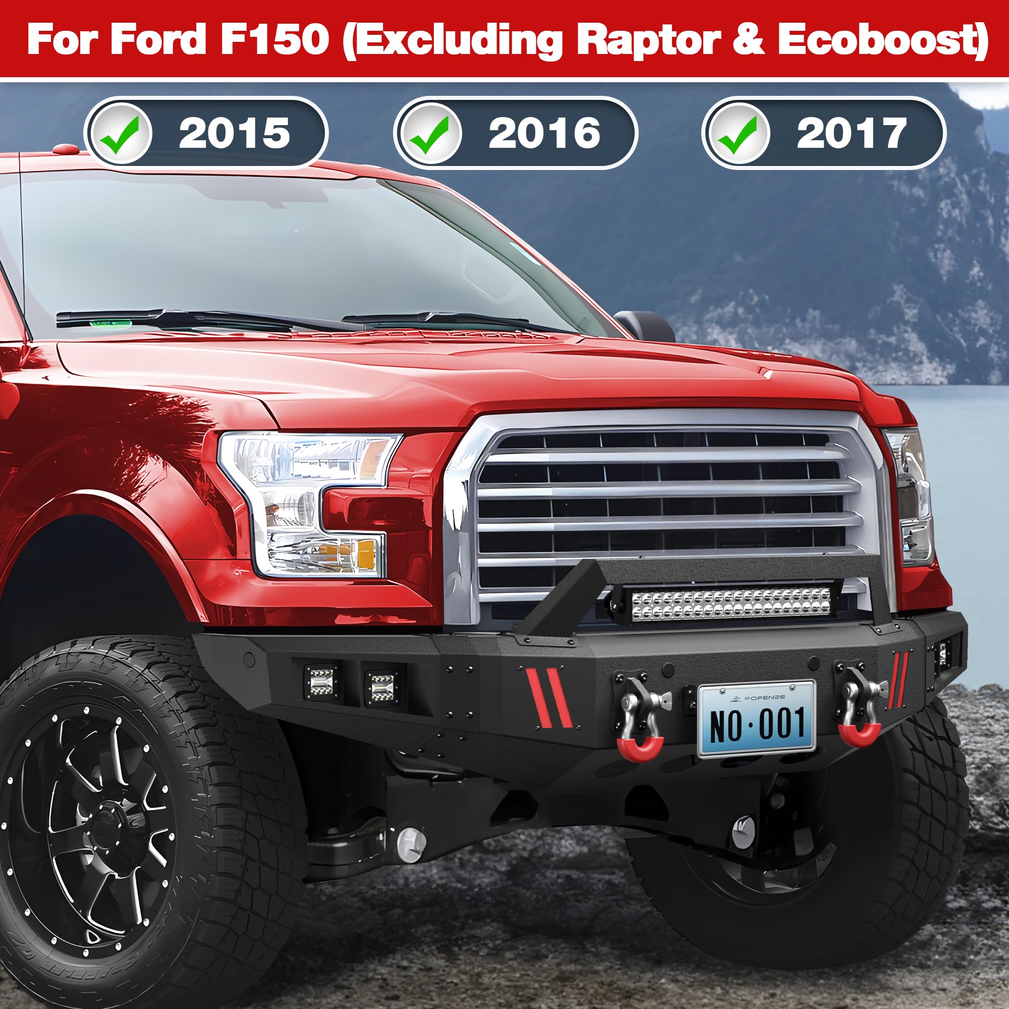 Longsun Front & Rear Bumpers Fit 2015-2017 Ford F150, Full Width Front Bumper & Rear Bumper Combo For F-150 (Excluding Raptor & Ecoboost) Off Road Pickup Truck, With Winch Plate, D-Rings, Led Lights