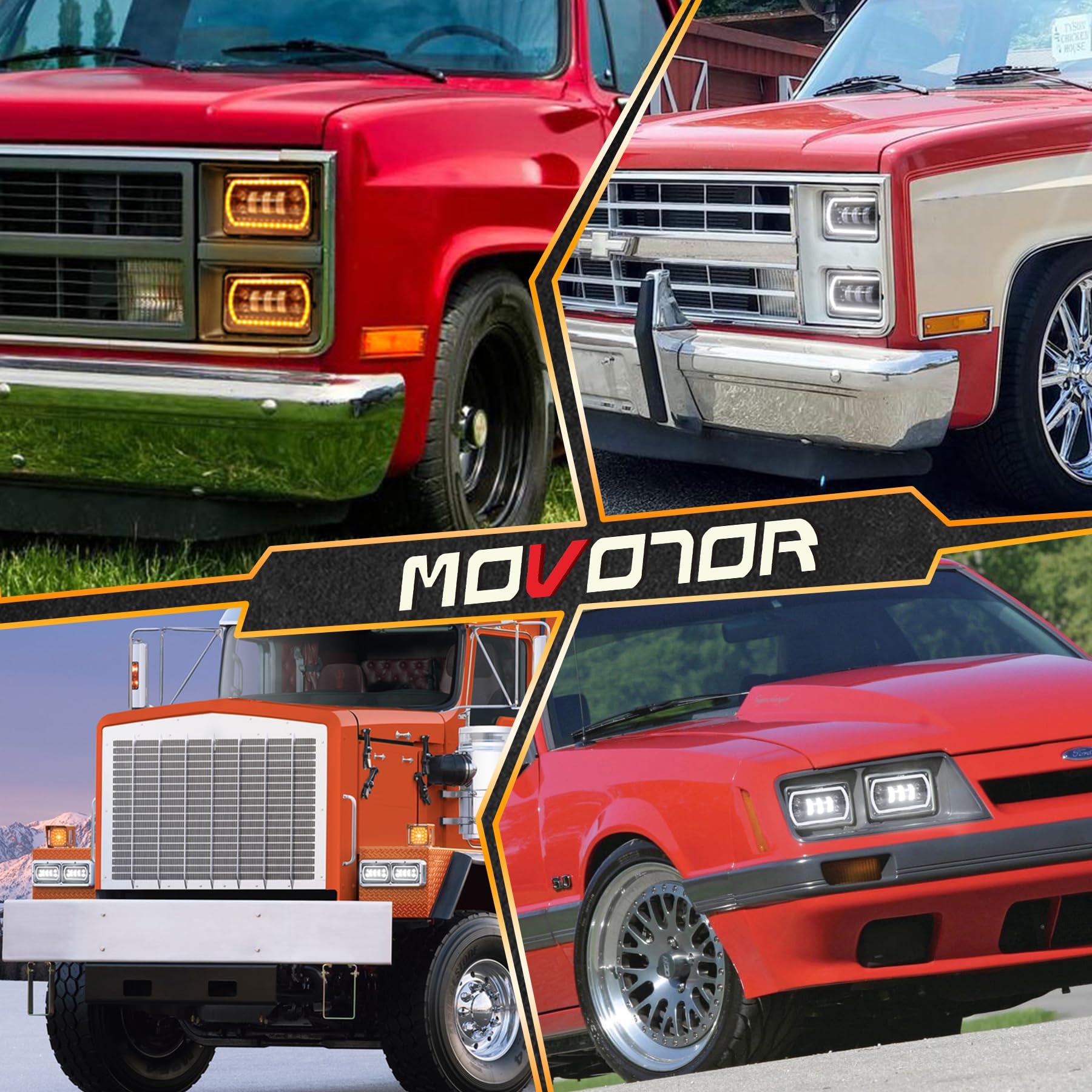 MOVOTOR Off Road 4x6 Led Headlights with White/Yellow Halo Seal Beam H4651 H4656 H6545 H4668 Replacement Headlamp for Ford Kenworth Peterbilt Semi Truck