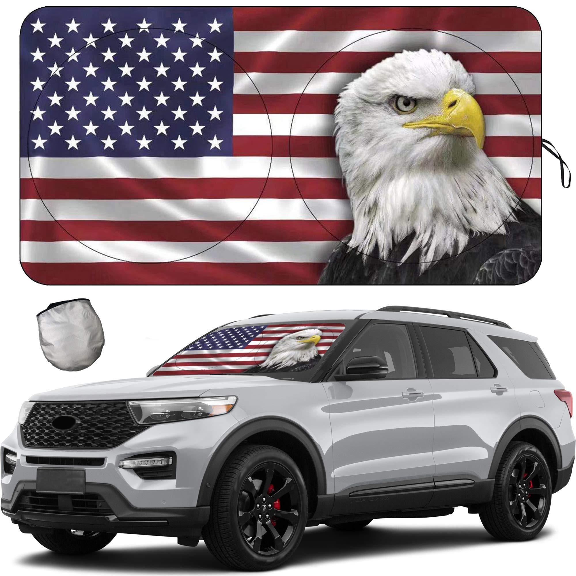 Tdcqqgqq Bald Eagle American Flag Car Windshield Sun Shades, Suv Truck Sun Shade, Uv Protection, 63 L X 33.5'' W