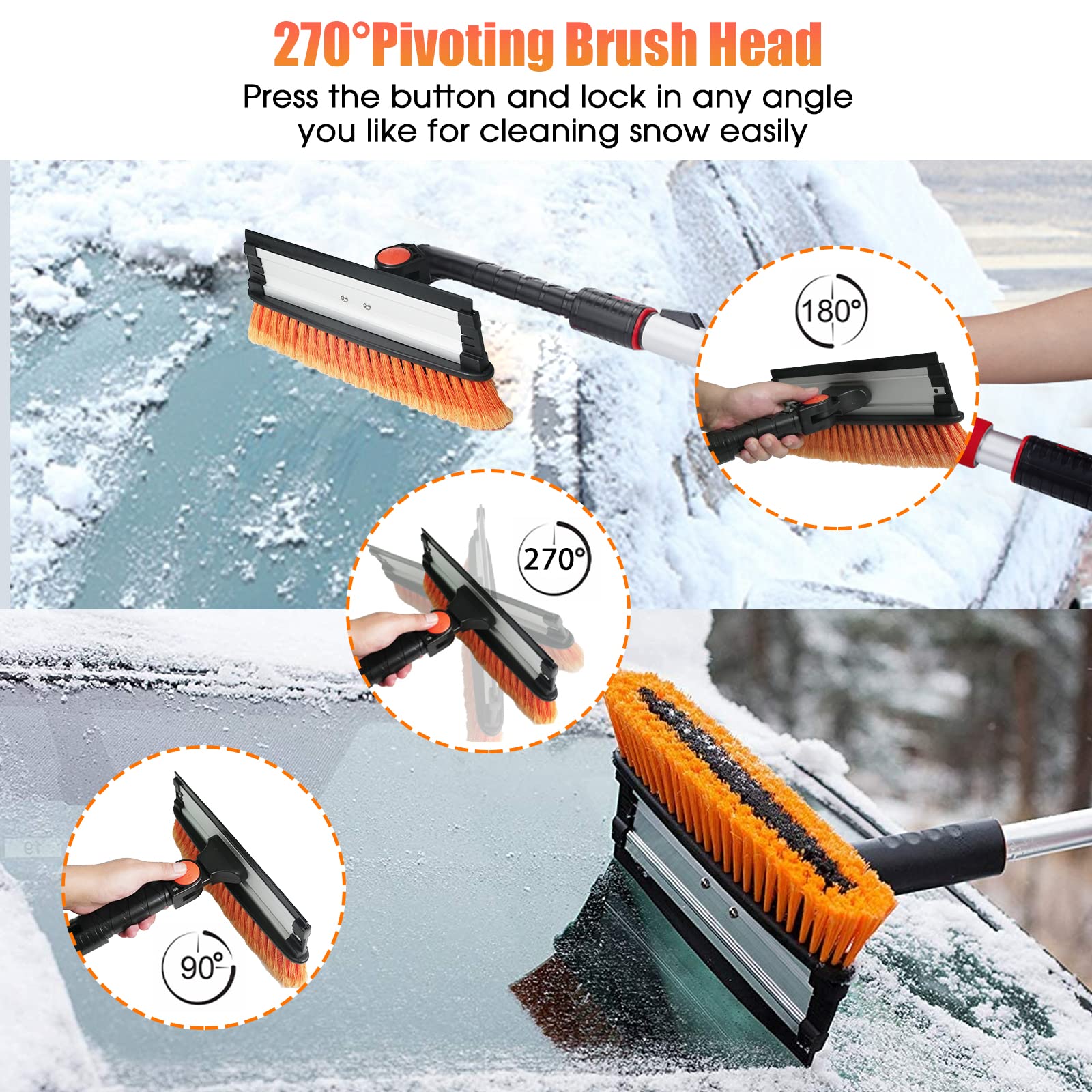 Foval 47.2 '' Extendable Ice Scraper Snow Brush With Squeegee For Windshield Window Car Trucks Suvs, 270 Pivoting Brush Head, Es