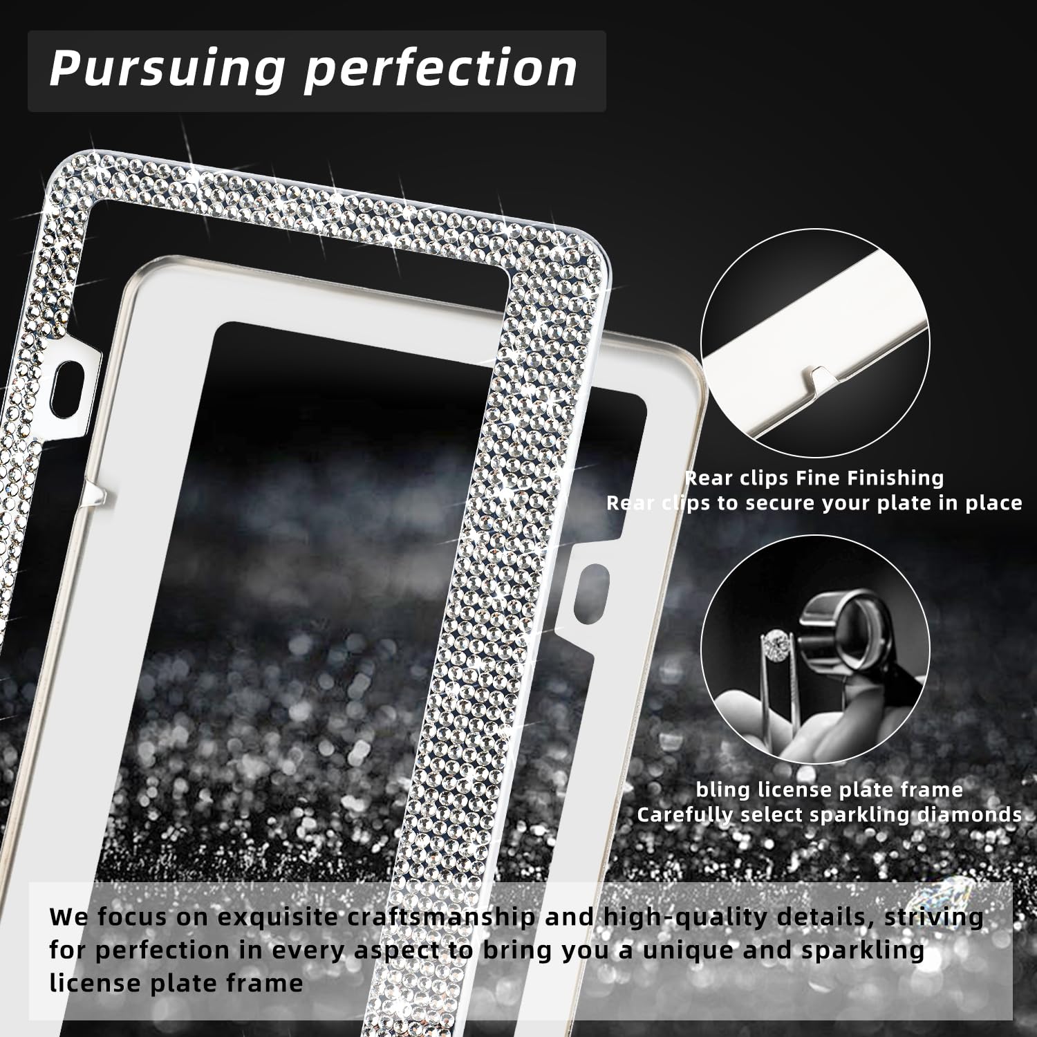 Oklpf 2 Pack White Bling License Plate Frames, Sparkly Diamond Car License Plate Holder, Suitable For Both Men And Women, Come W
