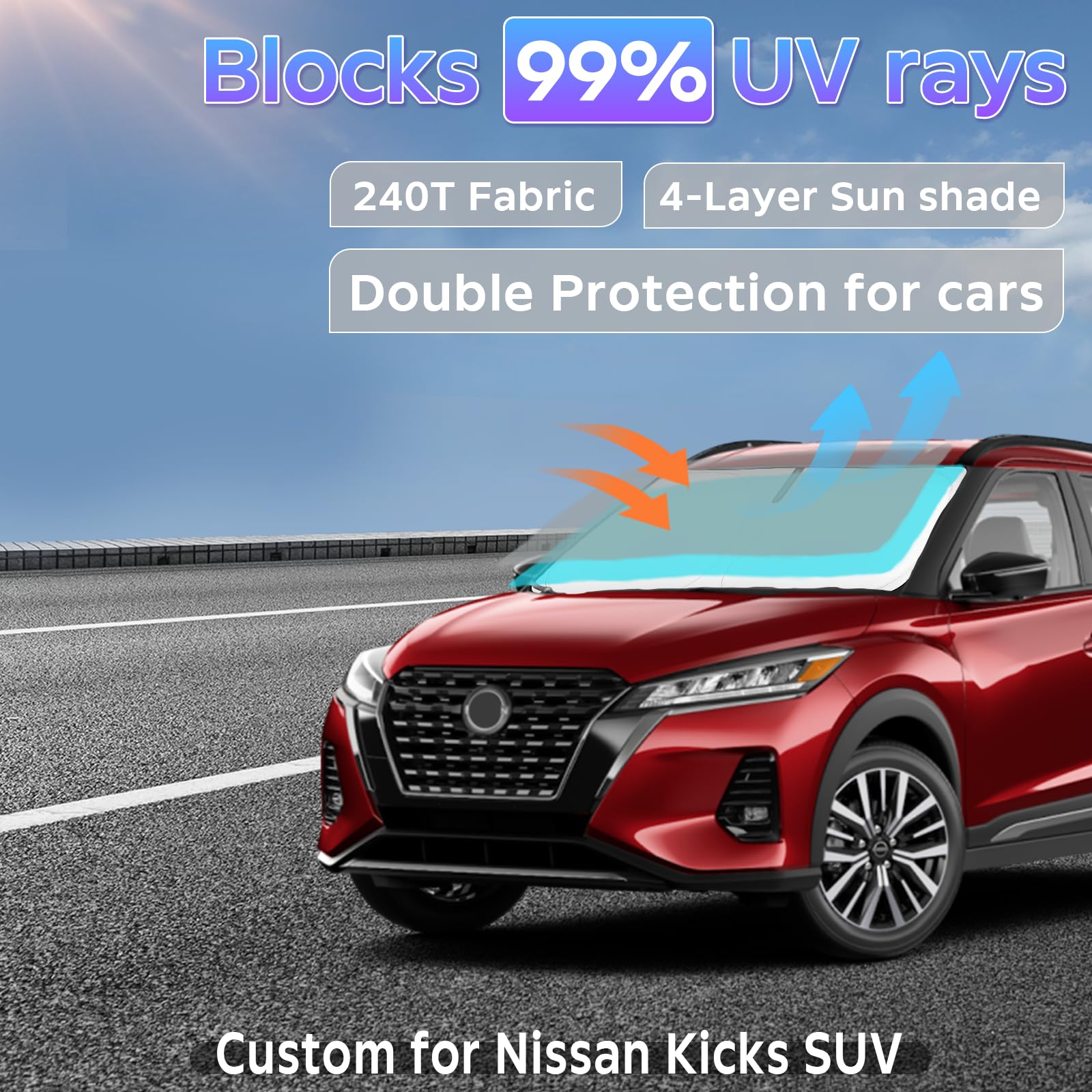 Sun Shade Sunshade For Nissan Kicks Suv 2017-2024 Windshield Cover, 2-Layers Sun Shield 240T Silver Coating Sun Visor Foldable W