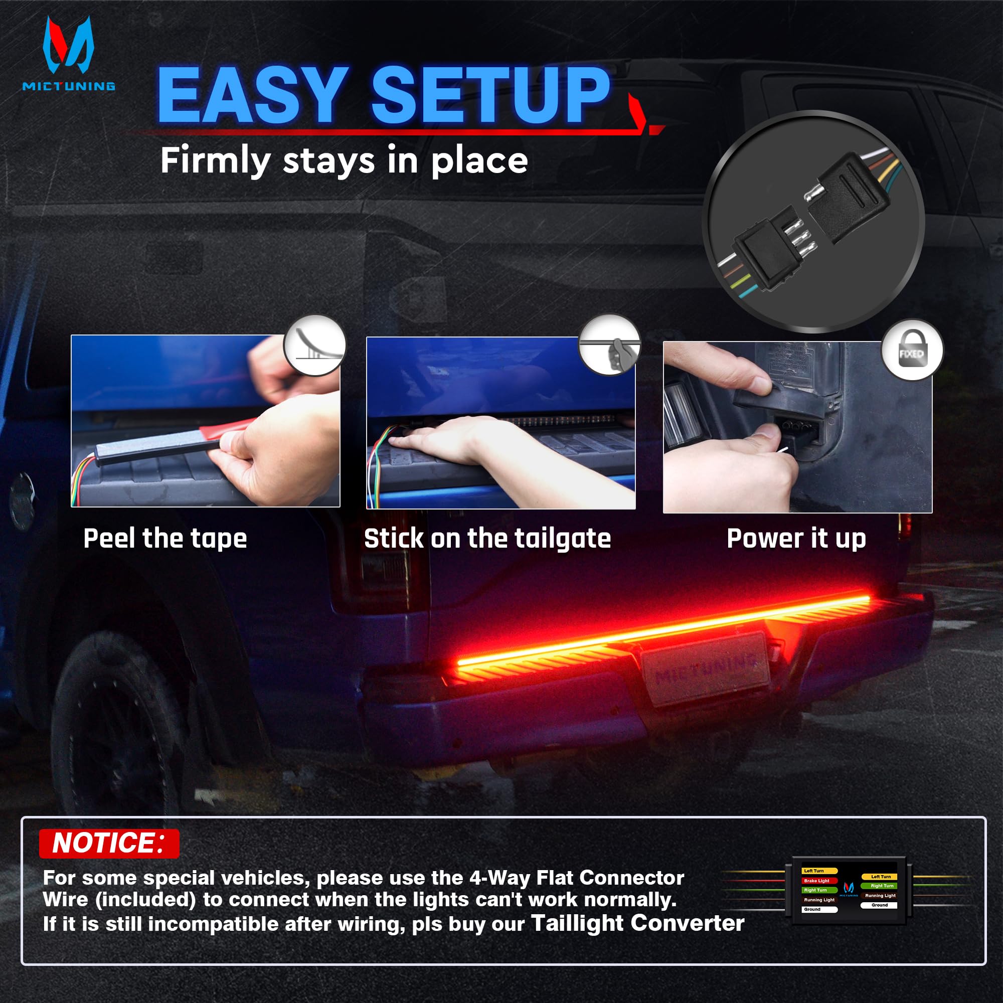 Mictuning 60 Inches Triple Row 432 Leds Tailgate Strip Light Waterproof With 4-Way Flat Connector - 5 Functions Sequential Amber